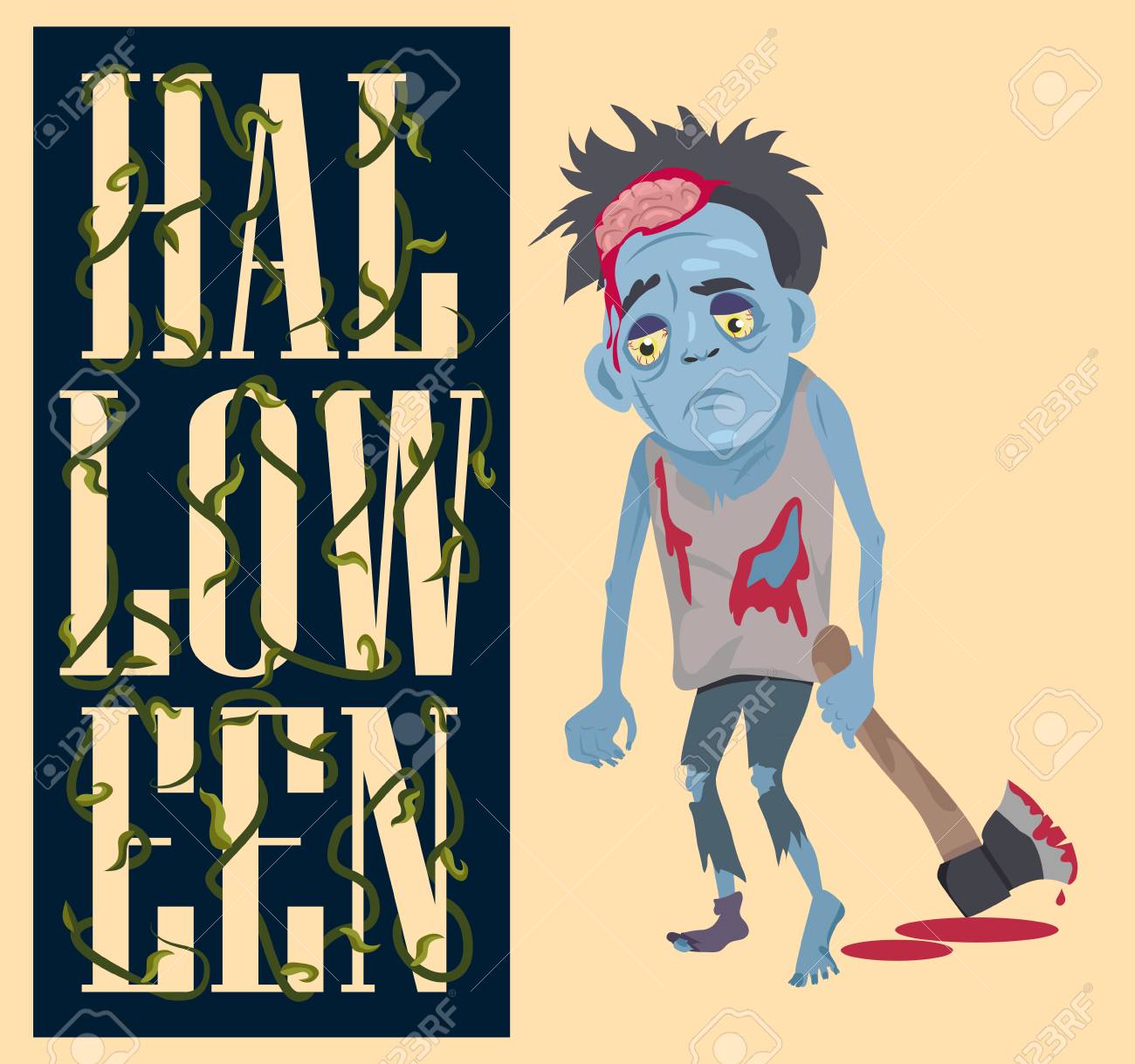 血まみれの斧を持つ怖いモンスターとハロウィーンのポスター 明るいピンクの背景に生き物とハンマーベクトルイラストとアンデッド人 のイラスト素材 ベクタ Image