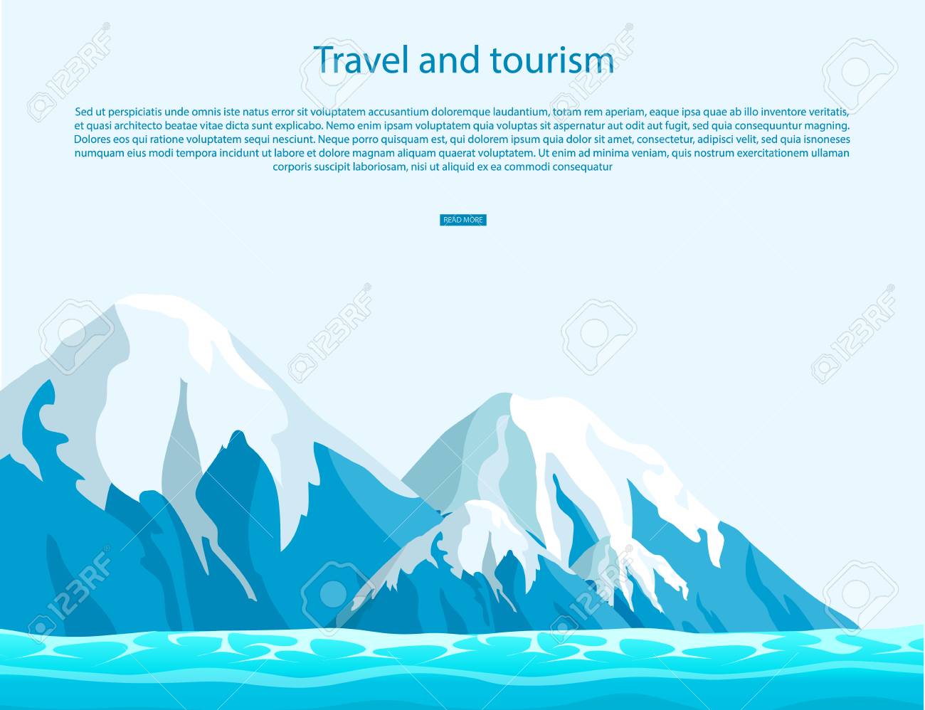 Travel and tourism sign with text on blue sky as background. Ice mountains with snow tops above ocean vector illustration. - 91033331 Travel and tourism sign with text on blue sky as background. Ice mountains with snow tops above ocean vector illustration. - 91033331