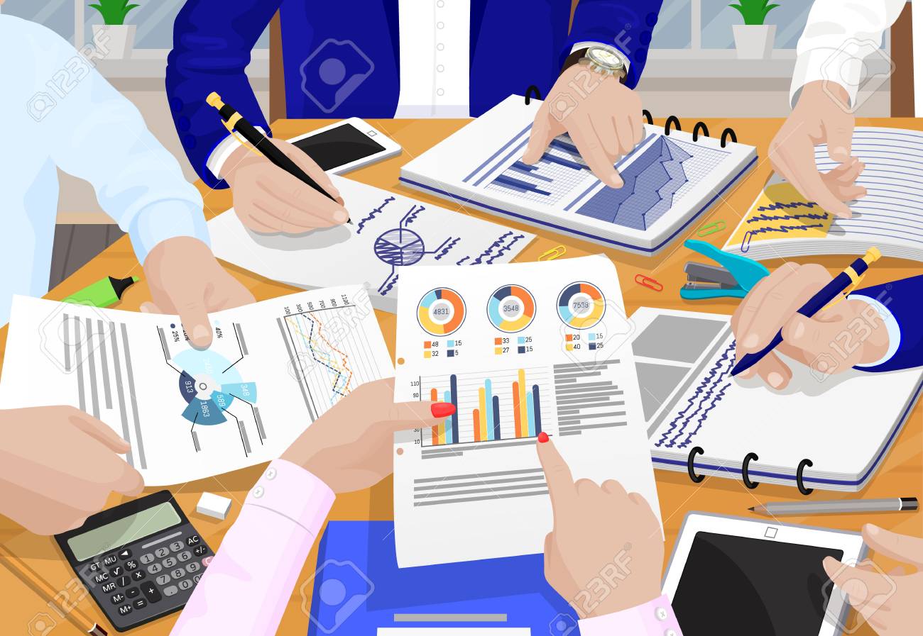 図や重要な情報を持つビジネスマンや論文 既存の問題の解決策を見つけようとする労働者 ベクトルイラスト のイラスト素材 ベクタ Image