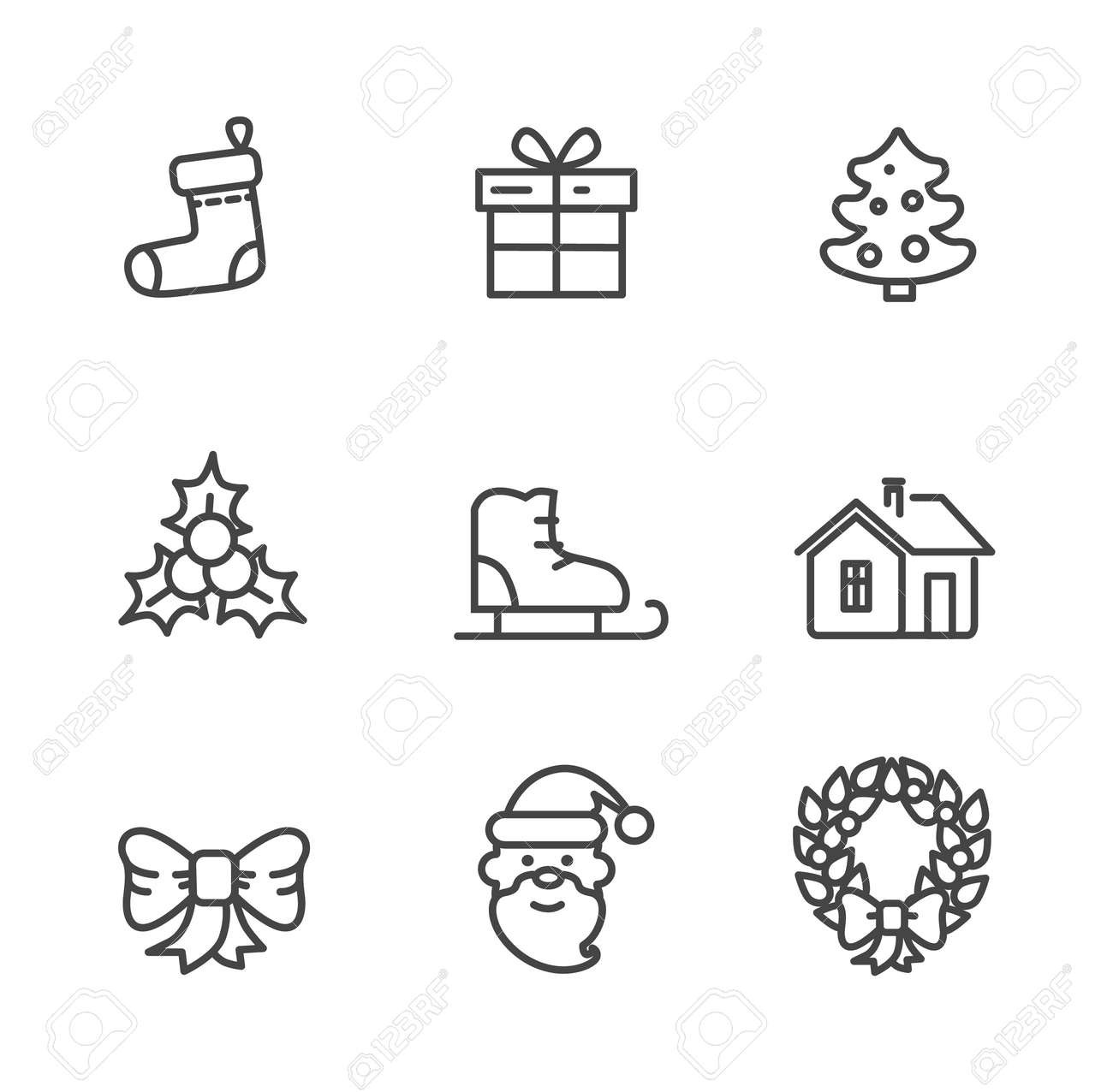 白い背景に隔離された冬のテーマアイコンのセット ハーブリース付きベクトルイラスト 弓とかわいい笑顔サンタクロースで飾られたプレゼントボックスのイラスト素材 ベクタ Image