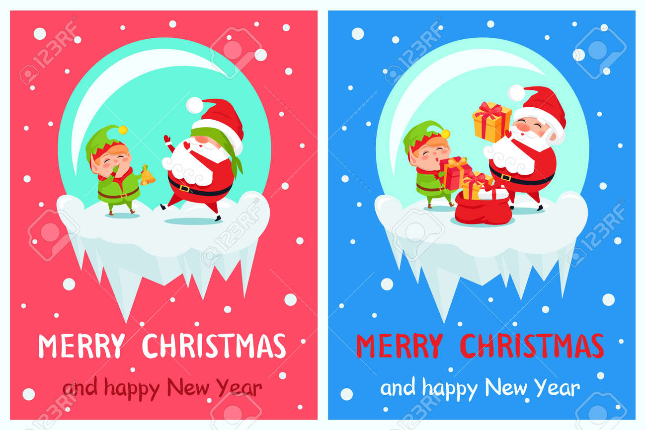happy new year merry christmas posters set santa and elf on icy