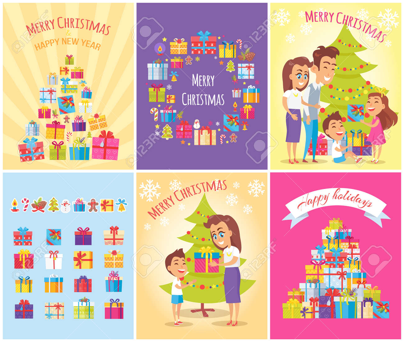 Buon Natale 118.Vettoriale Buon Natale Felice Anno Nuovo Cartelli Con Raccolta Regali Festeggia La Famiglia Madre E Figlio E Nastro Con Illustrazione Vettoriale Titolo Image 91960118