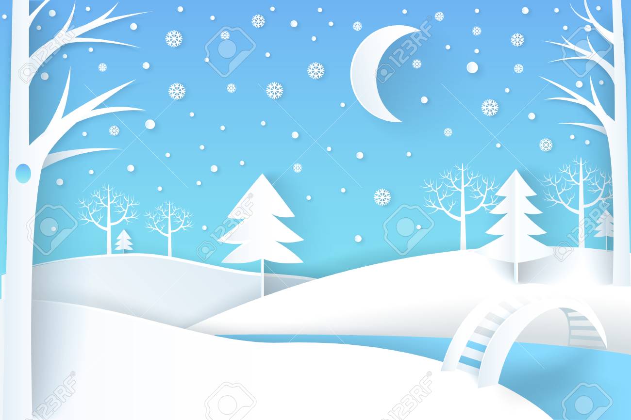 Paysage Dhiver Avec Rivière Gelée Petit Pont Arbres Nus Blancs épinettes Enneigées Jeune Lune Et Beaux Flocons De Neige Dessin Animé Illustration