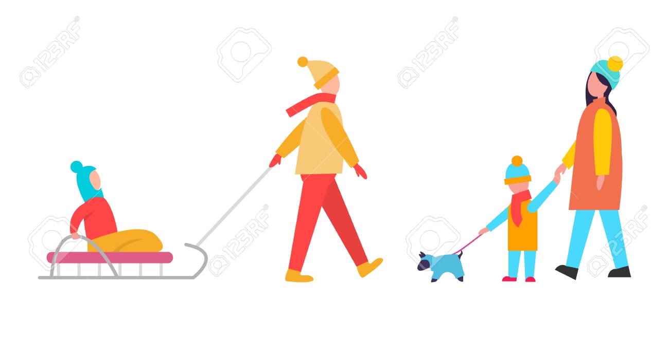 family activities during wintertime mommy with son walking dog