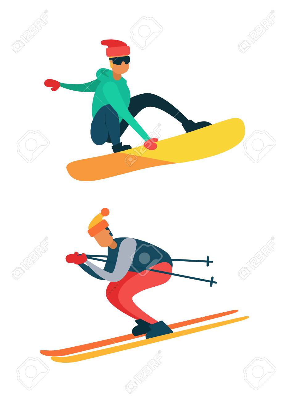 スノーボード スノーボーダーの白いベクトルイラスト 極端なスキー男子ジャンプの白いベクトルに隔離されたスキーの冬のスポーツ活動に乗って 男性のスノーボード のイラスト素材 ベクタ Image