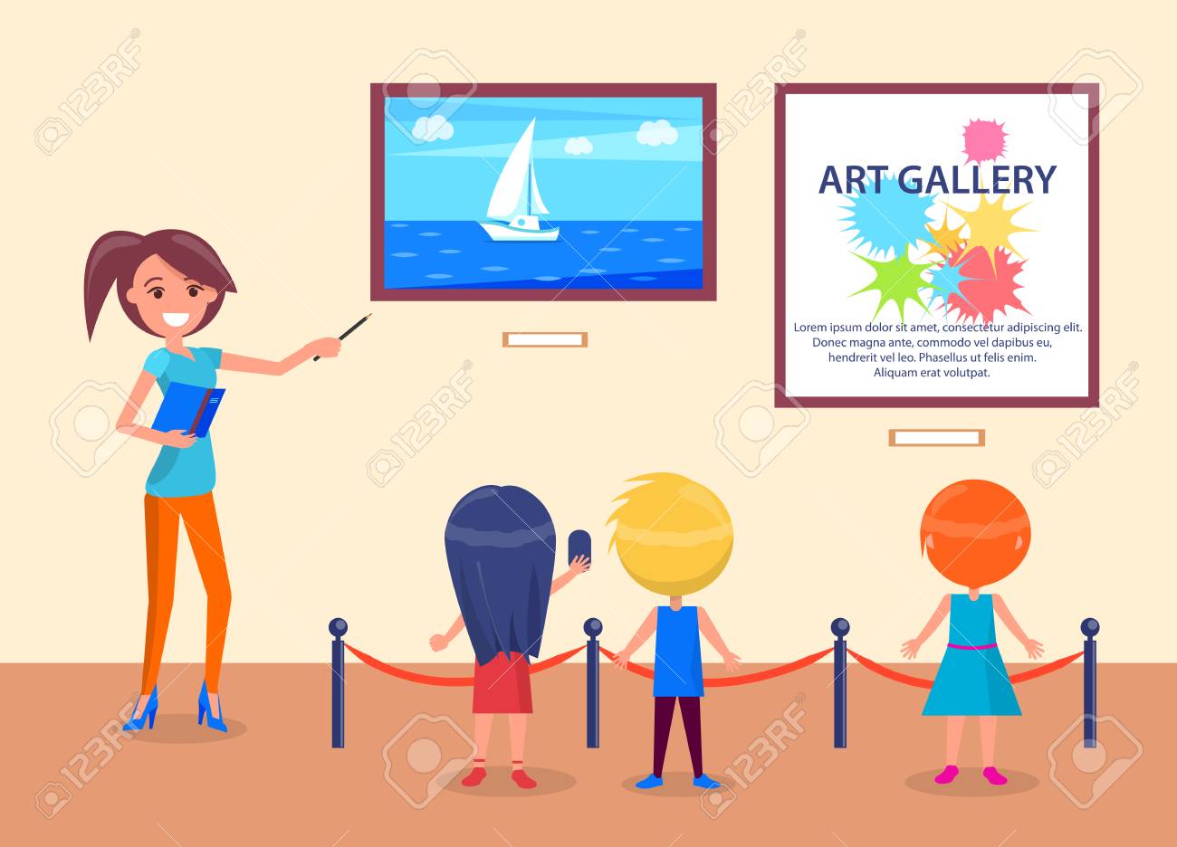 Art gallery excursion for school kids back view with guide. Woman pointing on sea with sailboat, children listen attentively to teacher vector illustration - 93701477 Art gallery excursion for school kids back view with guide. Woman pointing on sea with sailboat, children listen attentively to teacher vector illustration - 93701477
