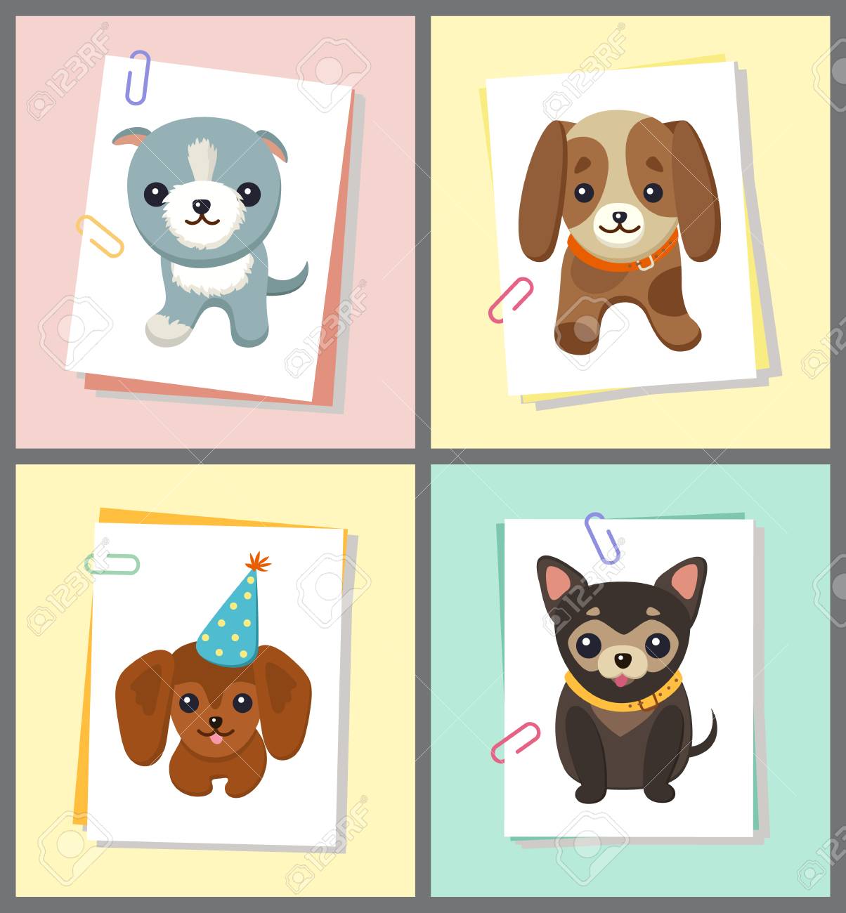 犬のステッカーコレクション 異なる品種のペットの画像付きの紙 お祝いの帽子をかぶった犬 ベクターイラストで隔離のイラスト素材 ベクタ Image
