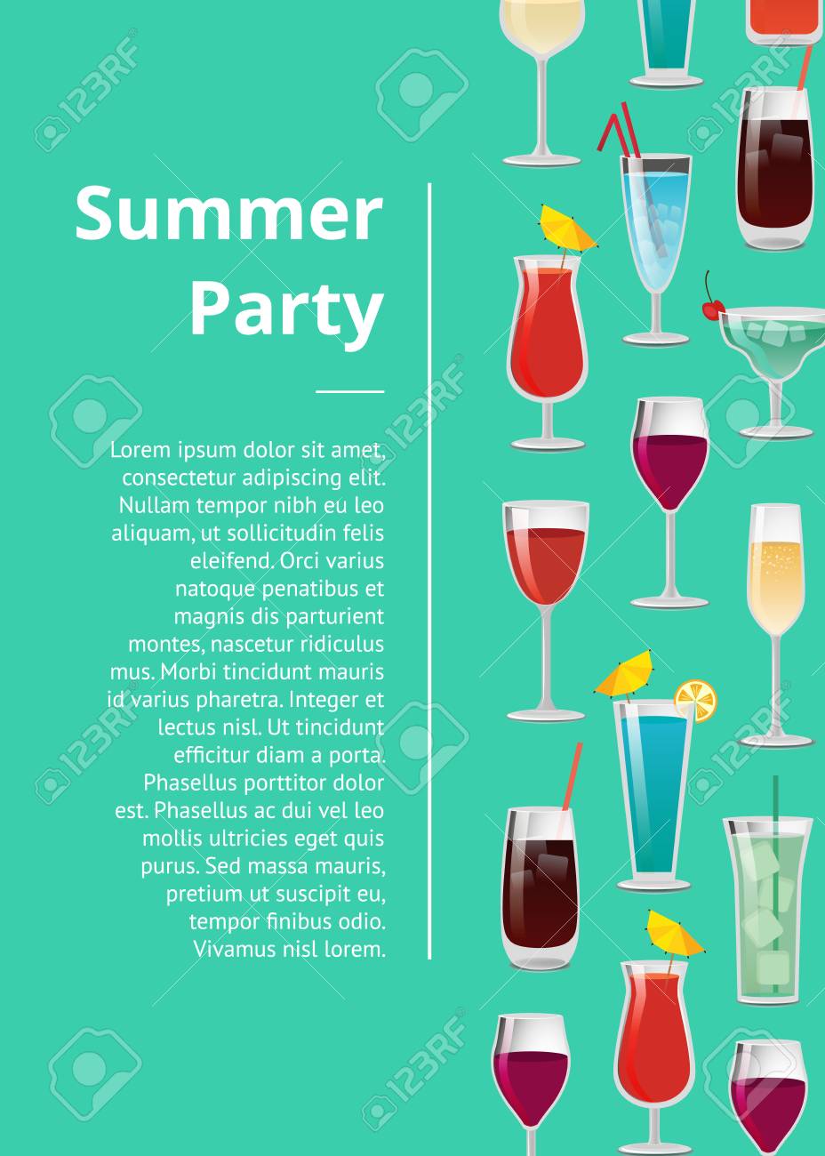 トロピカルカクテルモヒート マルガリータ ブルーラグーン ブラッディメアリー ウォッカコーラ 赤と白のワインシャンパンのテキストとセットを含むサマーパーティーポスターのイラスト素材 ベクタ Image