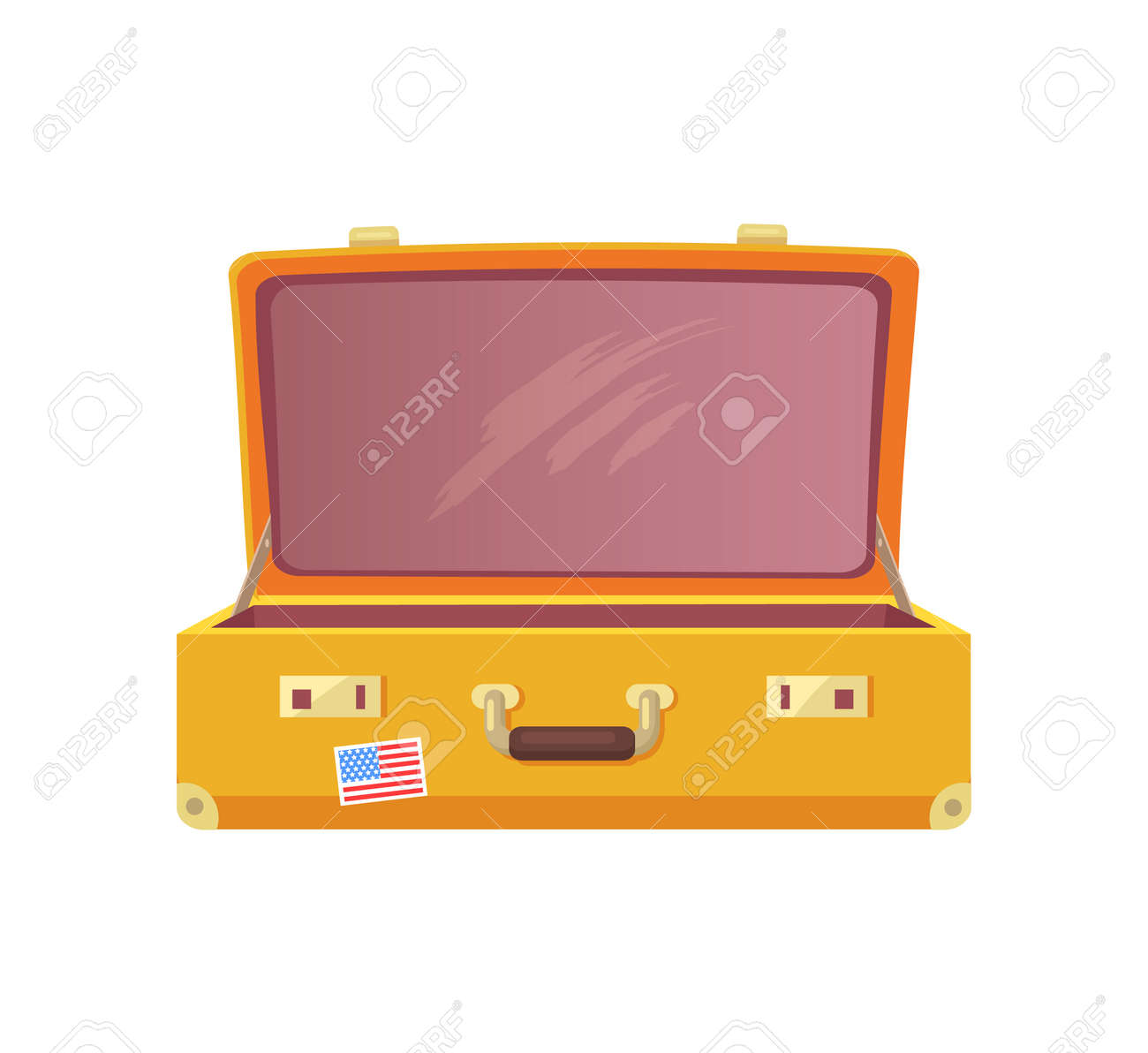 ヴィンテージ荷物ケース フラットスタイルでコンセプトを旅 白い背景に分離されたアメリカの旗ベクトルイラストポスターとオープンスーツケース のイラスト素材 ベクタ Image