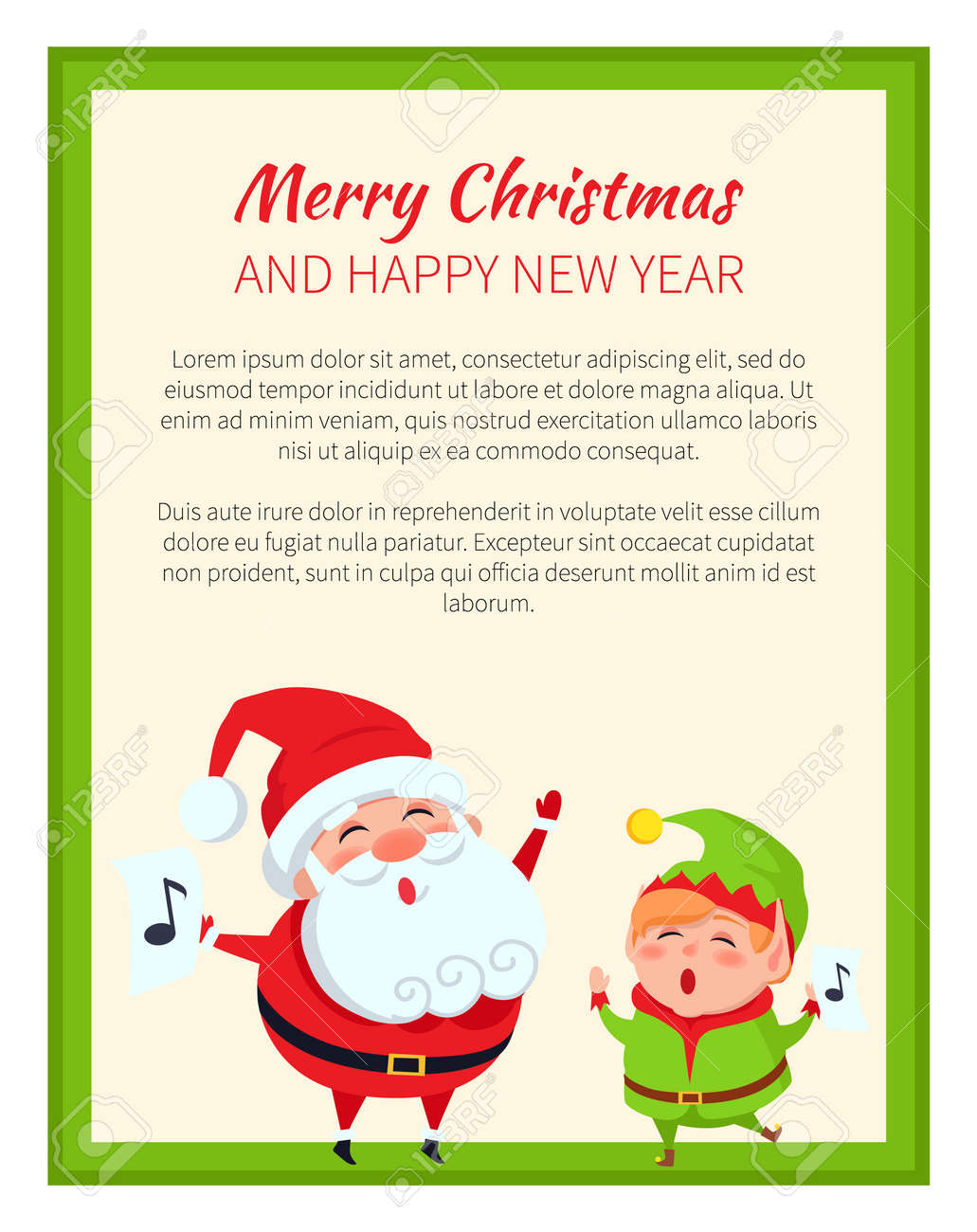 メリークリスマスハッピー新年かわいいエルフとサンタの白いポスター 緑の正方形のフレームで笑顔の冬の休日のシンボルとベクトルイラストのイラスト素材 ベクタ Image