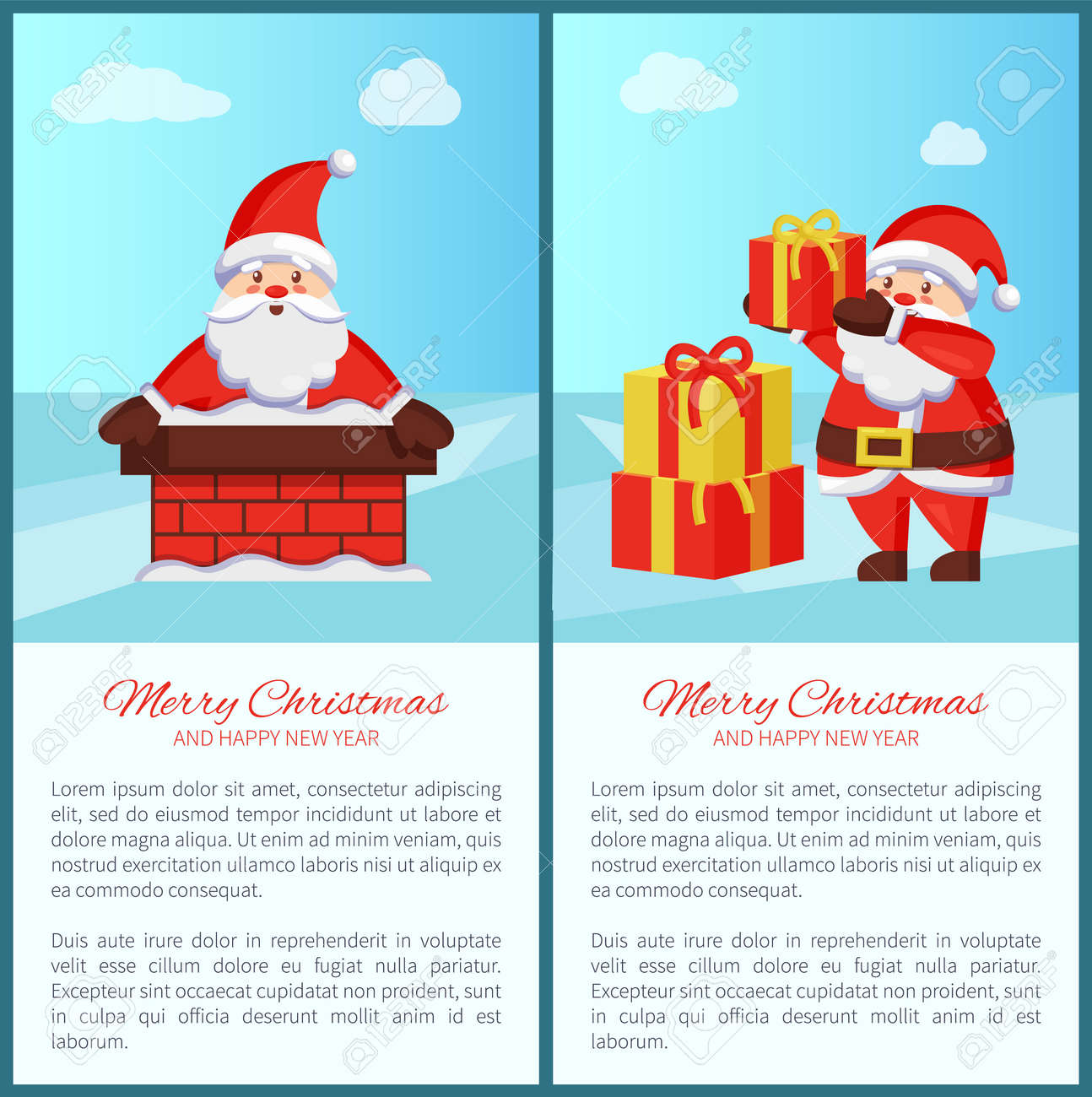 Frohe Weihnachten Und Happy New Year Poster Mit Text Santa Claus Und Prasentiert Symbol Vector Illustration Mit Marchenwintercharakter Im Ziegelsteinkamin Lizenzfrei Nutzbare Vektorgrafiken Clip Arts Illustrationen Image 97239151