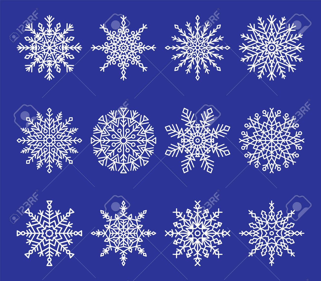 幾何学的形状とライン シンプルなオブジェクトと青に分離されたユニークな氷の結晶ベクトルイラストで構成されるスノーフレークコレクション のイラスト素材 ベクタ Image