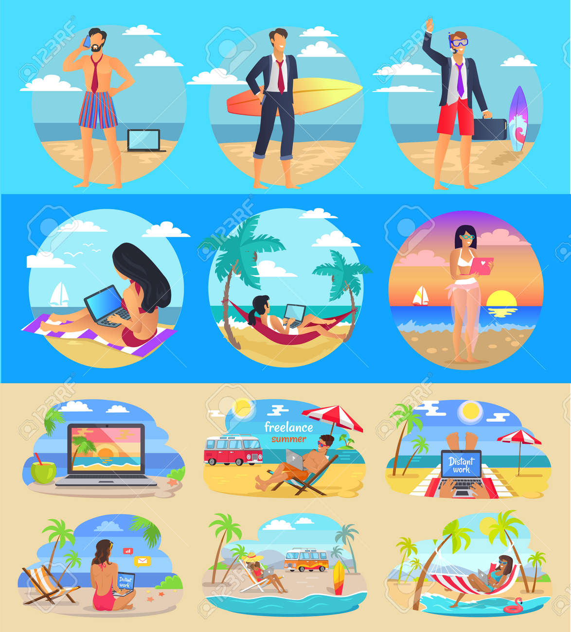 Freelance Summer People Set Vector Illustration Royalty Free SVG, Cliparts,  Vectors, and Stock Illustration. Image 102127307., image size:1174x1300