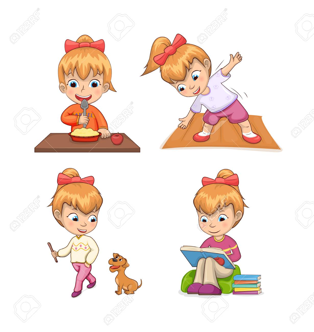 Girl Collection Of Activities, Eating Breakfast And Doing Exercise, Walking  Dog And Reading Books, Girl And Life Vector Illustration Isolated On White  Royalty Free SVG, Cliparts, Vectors, and Stock Illustration. Image  105603404., image size:1230x1300