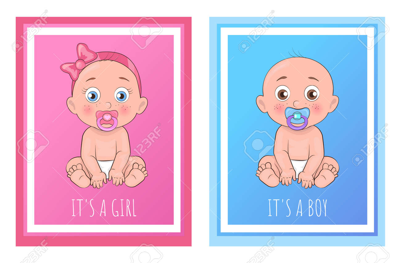 Its a boy and girl posters set newborn toddlers with pacifier in mouth and dressed in diapers vector illustration of bold infants isolated in frame - 105604165 Its a boy and girl posters set newborn toddlers with pacifier in mouth and dressed in diapers vector illustration of bold infants isolated in frame - 105604165