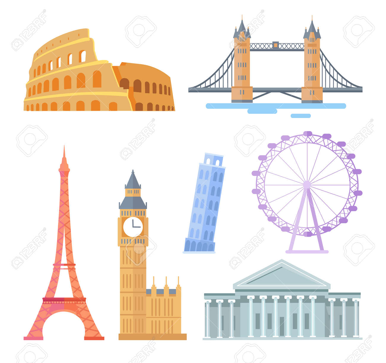 Popular world touristic architectural sights set. Famous attractions and travel destinations. Buildings with statues isolated vector illustrations. - 112004254 Popular world touristic architectural sights set. Famous attractions and travel destinations. Buildings with statues isolated vector illustrations. - 112004254