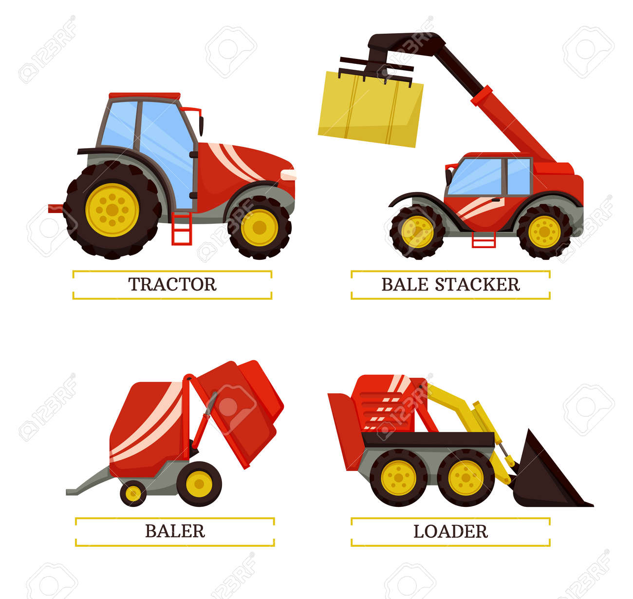 Tractor And Baler Agricultural Machines Isolated Icons Vector Set. Bale  Stacker And Loader Excavator. Machinery To Easy Farming Work. Farm  Mechanisms Royalty Free SVG, Cliparts, Vectors, and Stock Illustration.  Image 127635049., image size:1300x1229
