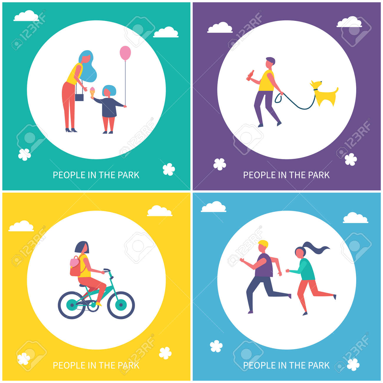 kids play and walk in park cartoon banner set lizenzfreie fotos cartoon banner
