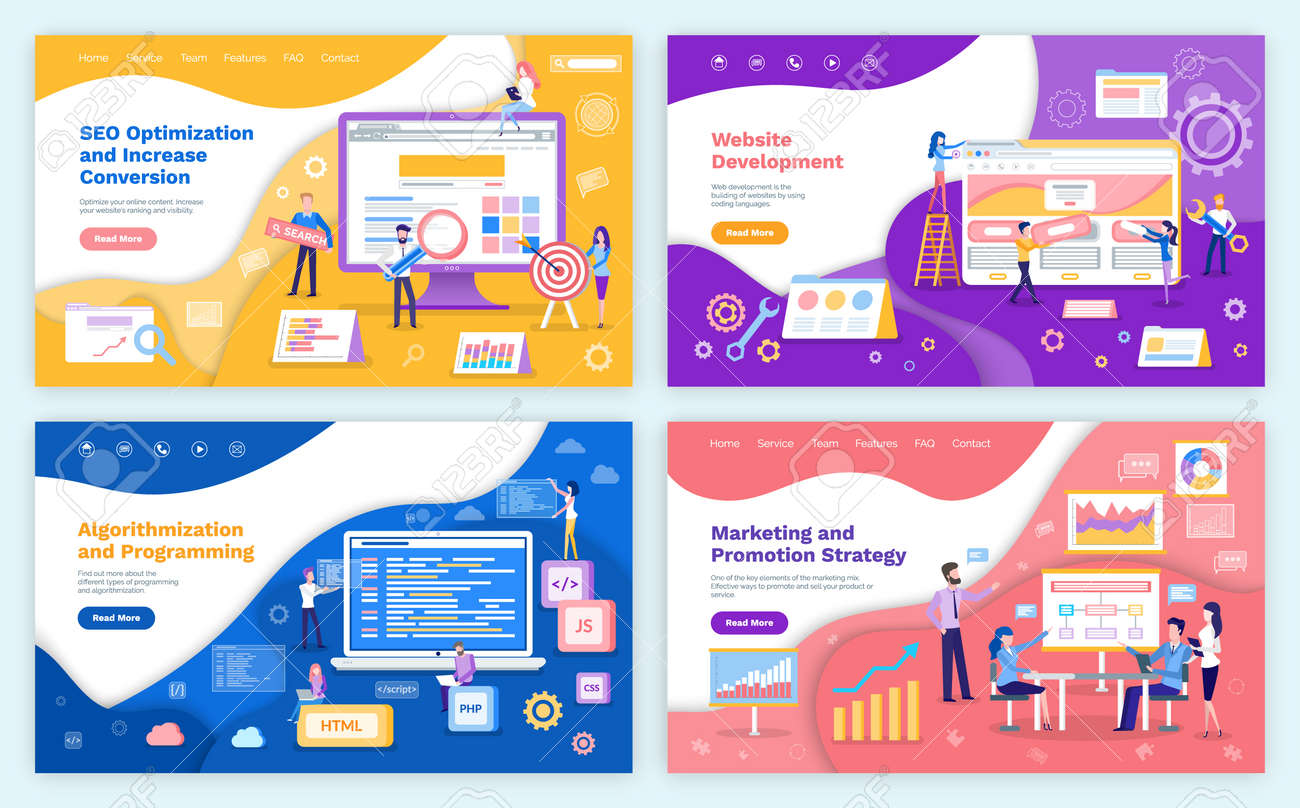 SEO Optimization Increase Of Conversion Web Pages Set With Text Sample  Vector. Algorithmization And Programming With Html, Php And Css, Js Coding Royalty  Free SVG, Cliparts, Vectors, And Stock Illustration. Image 113140522.
