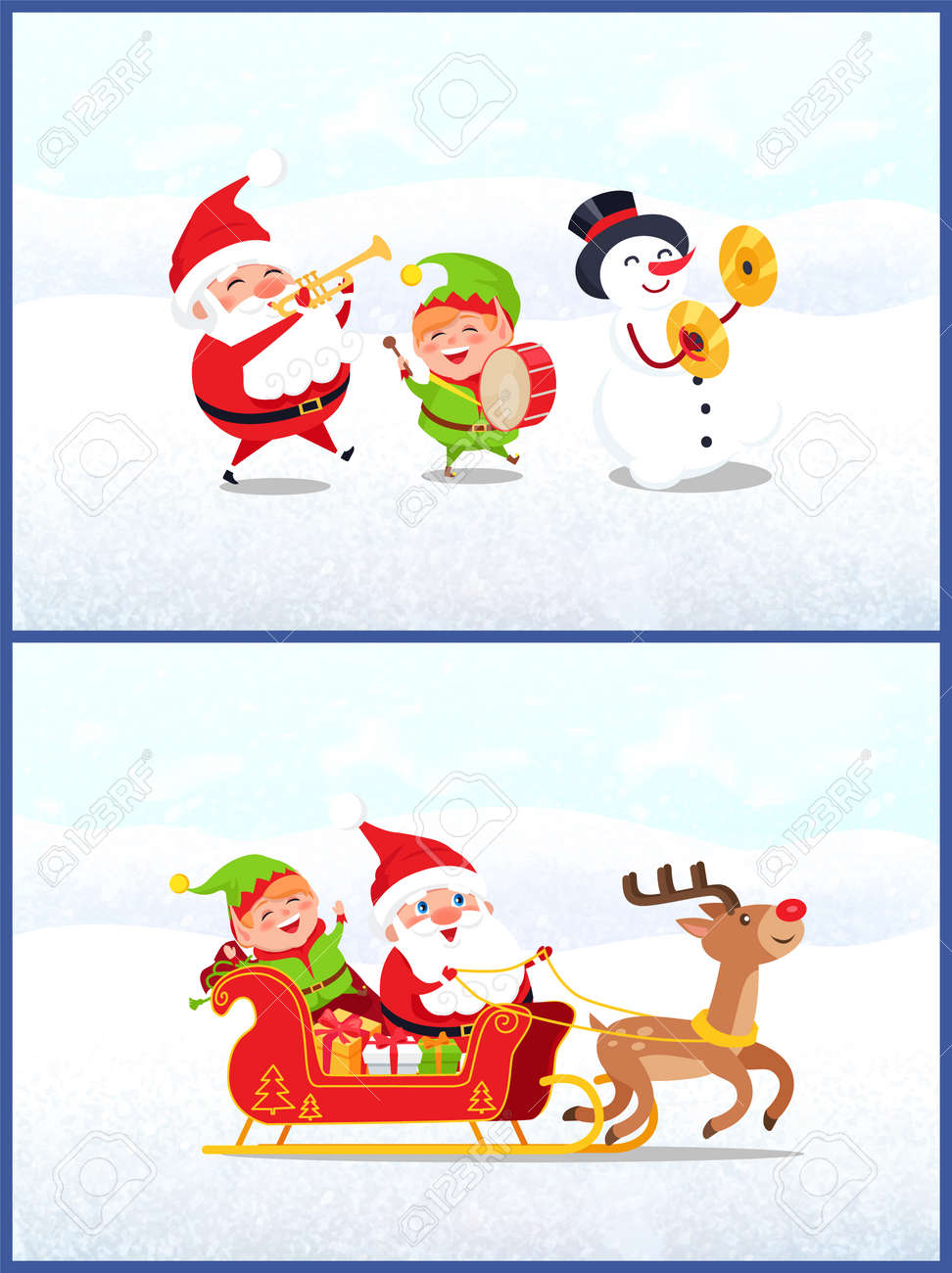Christmas characters, Santa Claus with elf and snowman holding..