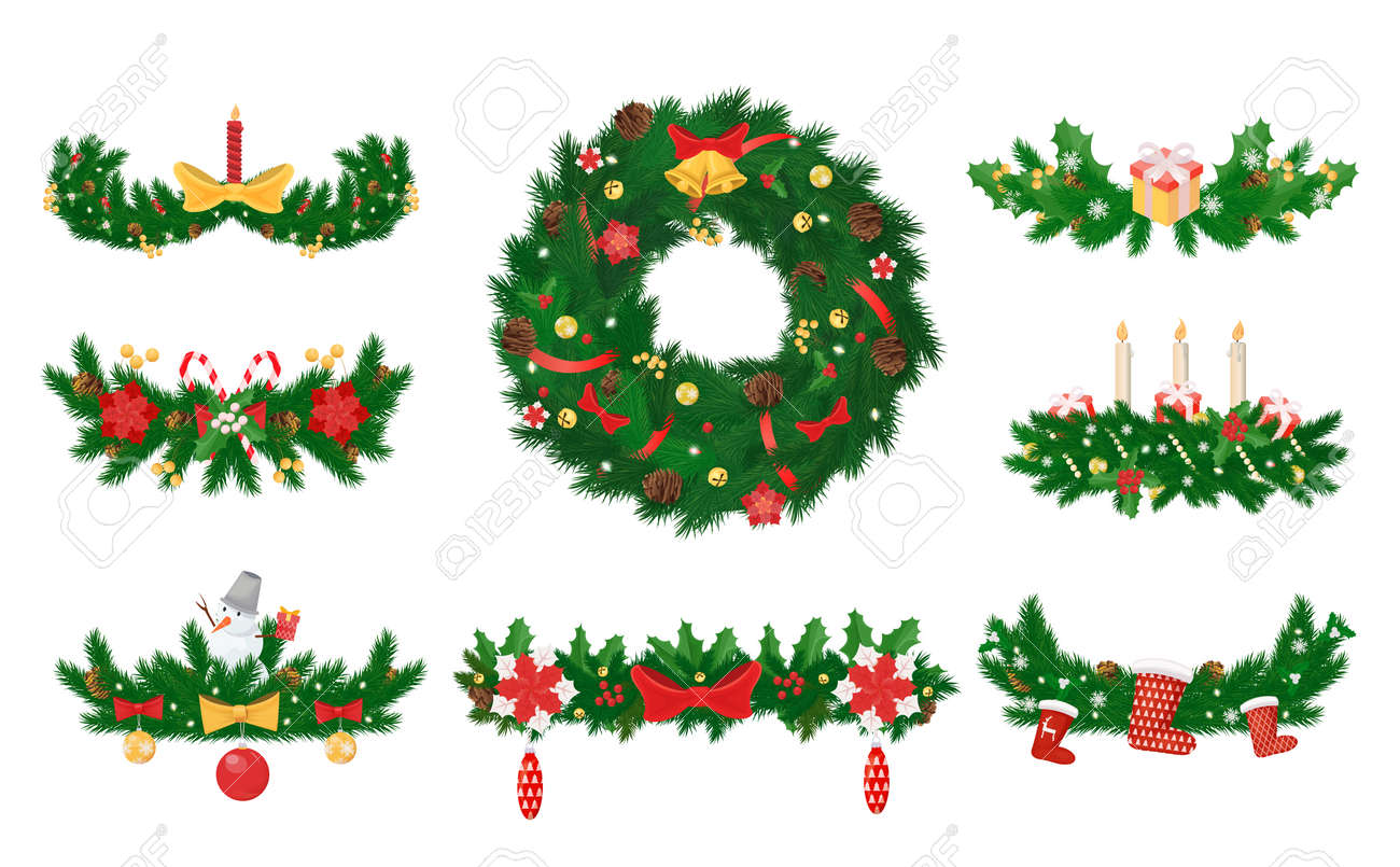Christmas Wreath Made Of Pine And Candles Bows Vector Decoration