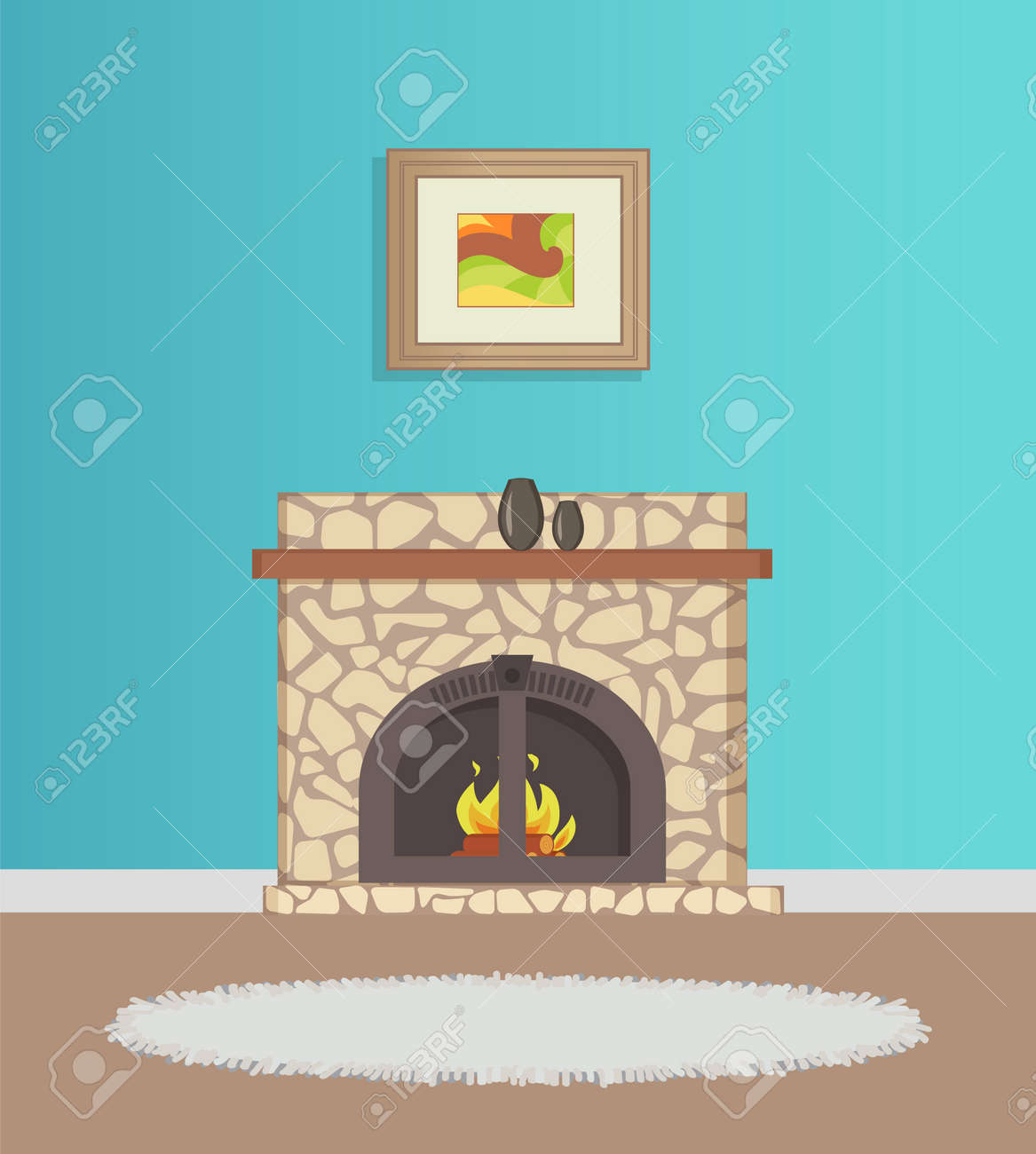 壁に青い壁紙と絵 花瓶で飾られた薪 床にグレーの敷物で飾られた暖炉とフラット 部屋ベクトルのモダンなインテリア のイラスト素材 ベクタ Image