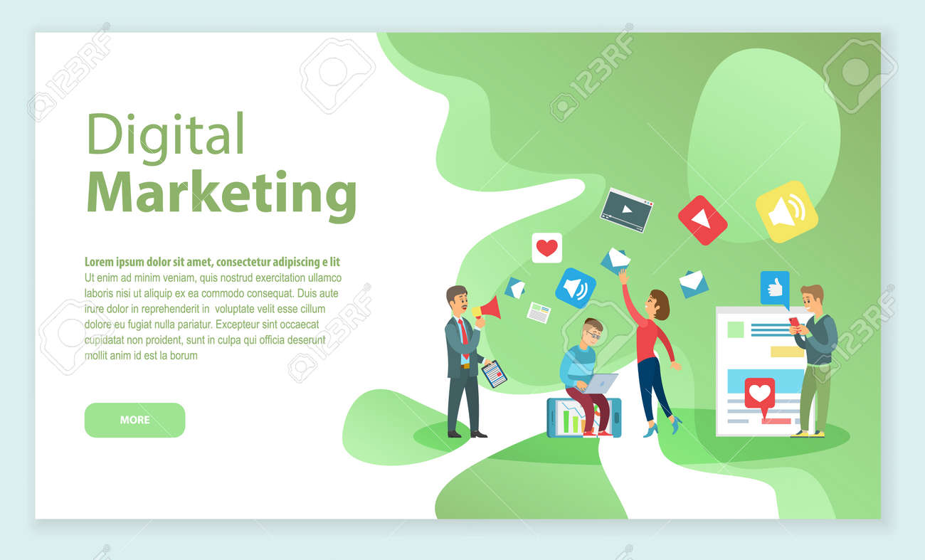 Boss with employees working on digital marketing and promotion vector. Web page with info, workers with laptop and gadgets, social media and videos - 117383201 Boss with employees working on digital marketing and promotion vector. Web page with info, workers with laptop and gadgets, social media and videos - 117383201