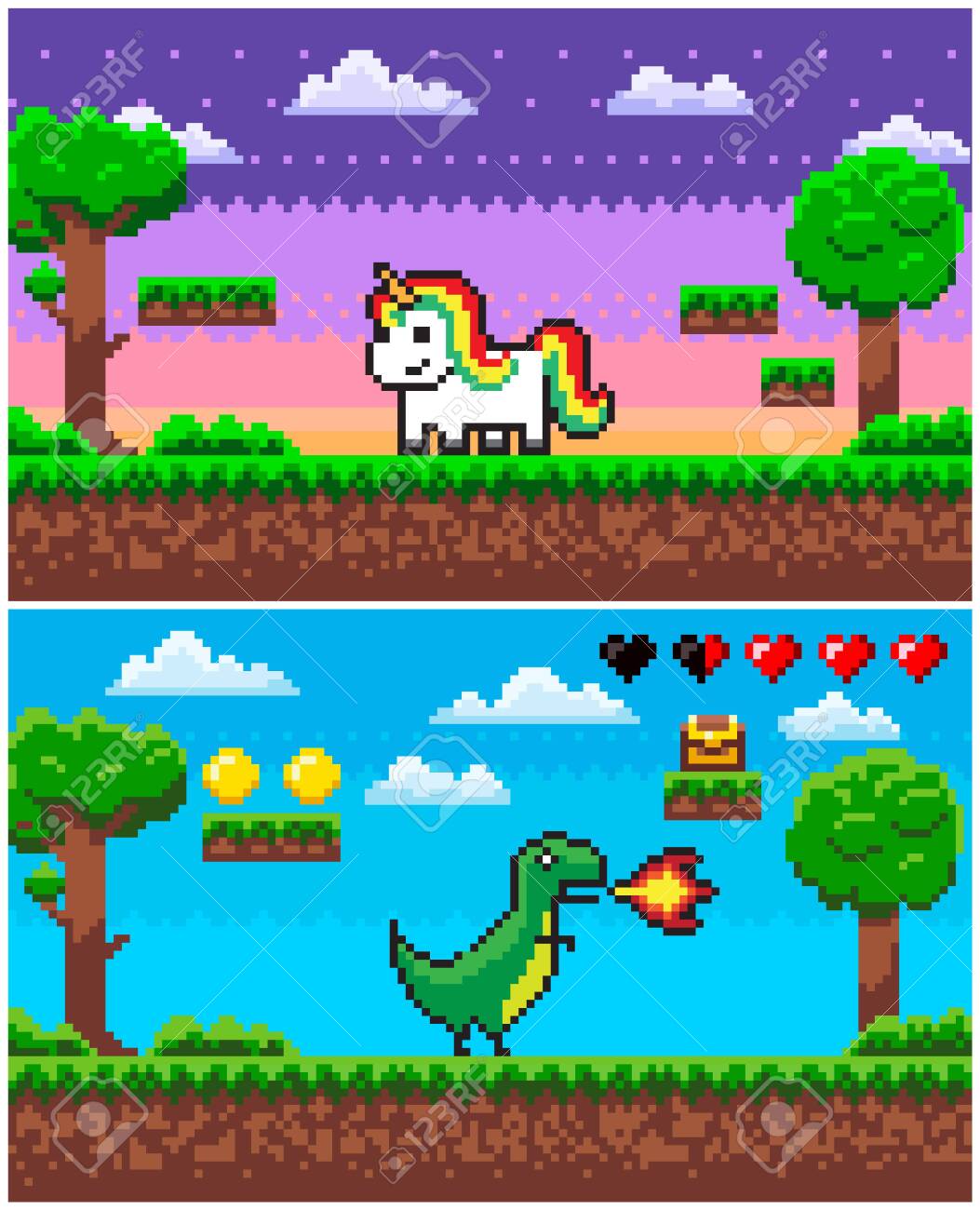 유니콘과 공룡 캐릭터 벡터, 플레이어와 아이콘이 있는 픽셀 게임, 건강 라이프 포인트, 관 속의 보물, 8비트 그래픽 점수를 위한 코인  포인트, 픽셀화된 앱 게임 동물 로열티 무료 사진, 그림, 이미지 그리고 스톡포토그래피.