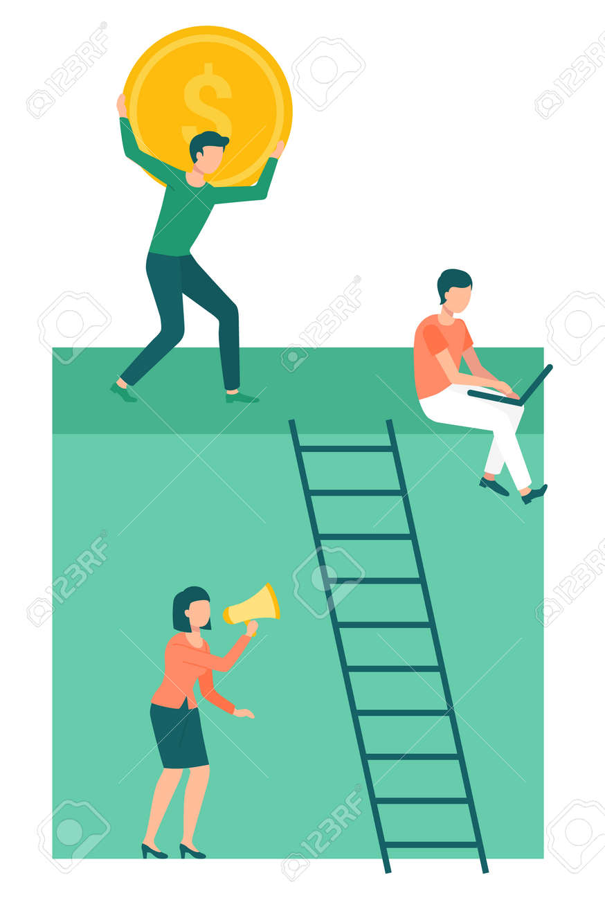 Escalando Escada De Carreira Desafiadora Nos Negócios. Homem Segurando  Grande Moeda De Ouro. Mulher Fala Em Grito Ou Megaphon. Cara Trabalhando  Com Laptop. Invista Conceito. Ilustração Vetorial Em Estilo De Desenho  Animado