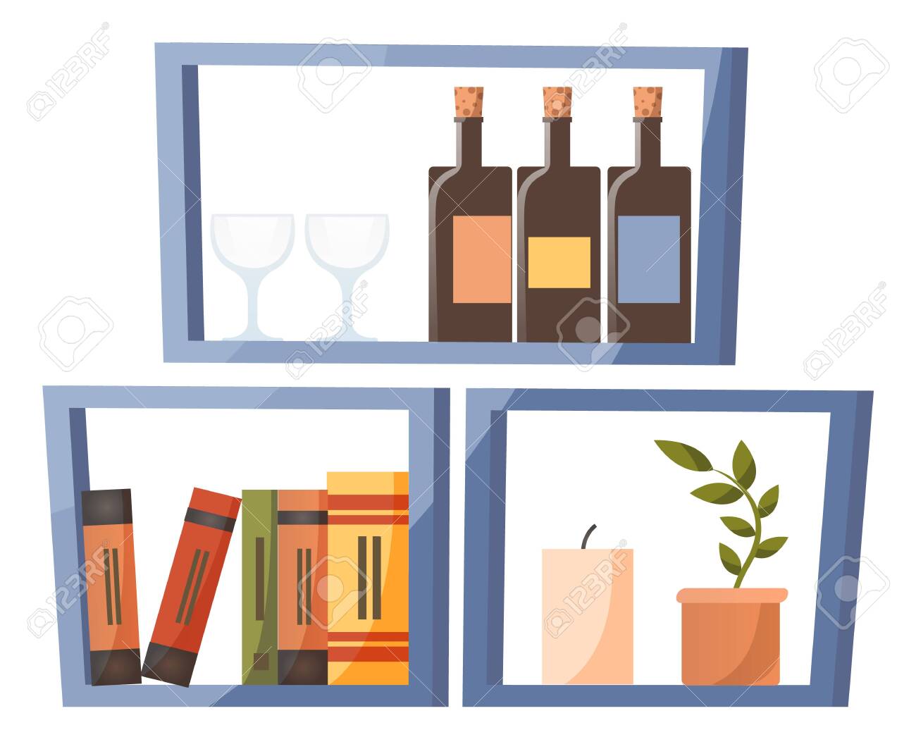 Shelf With Books And Bottles At Home Or Restaurant Wine Bottle