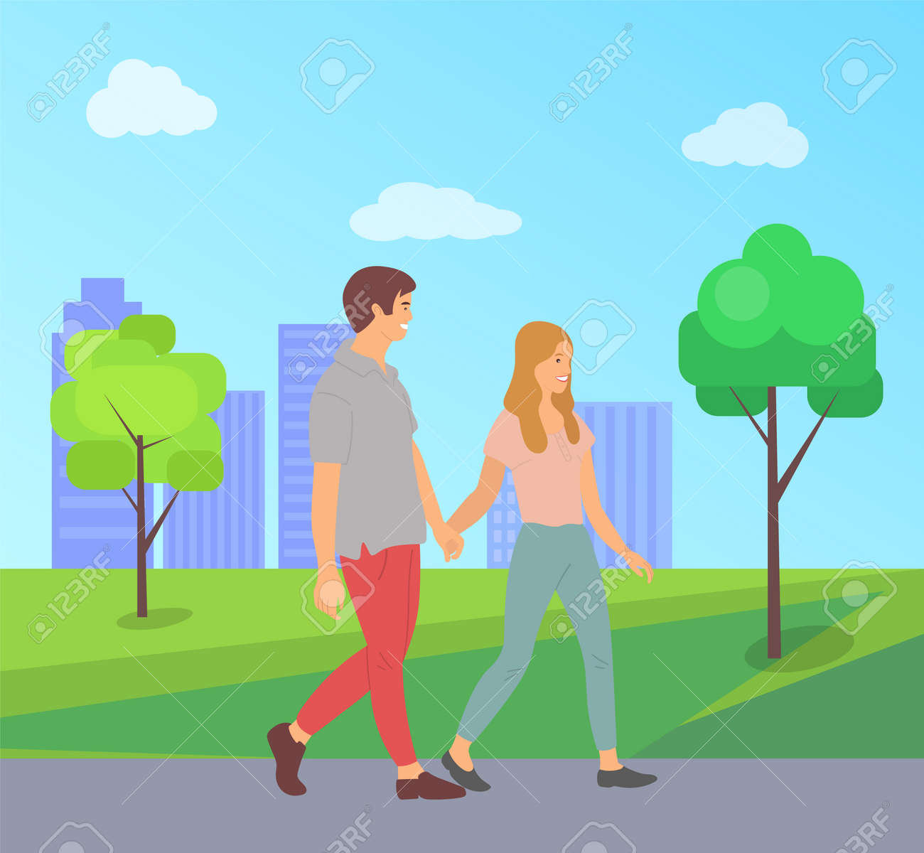 Teenagers Holding Hands Cartoon People Walking Together In City Park Vector Boy And Girl Side View Animated Male And Female Characters In Flat Style Royalty Free Cliparts Vectors And Stock Illustration Image