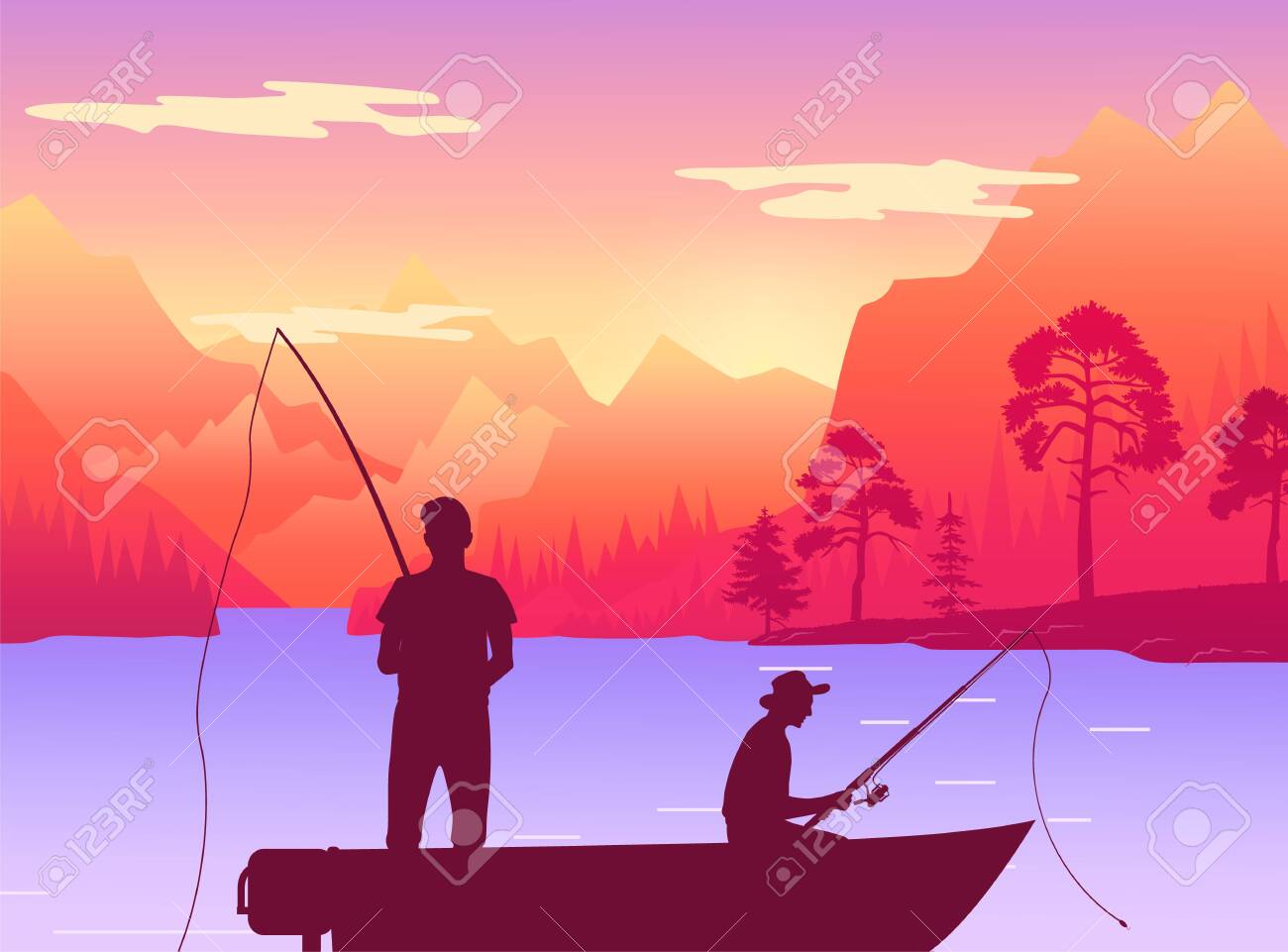 Fishermans In Fishing Boat. Silhouette Of Two Men Sitting In Pleasure Boat  Who Fish On The Lake. Persons Holding Fishing Rods In Their Hands On The  Background Of Reservoir At The Foot