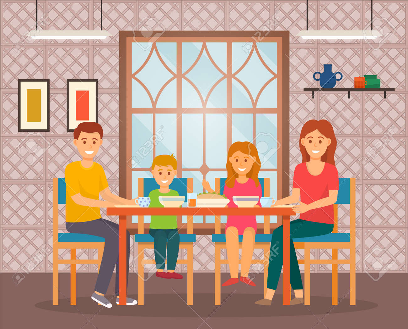 Happy Family Eating Sitting At Table In Cafe. Mother, Father, Little Girl  And Boy Smiling. Breakfast, Lunch Or Dinner Time. Happy People Spend Time  Weekends Together, Enjoy Of Company, Relaxing Royalty Free, image size:1300x1046