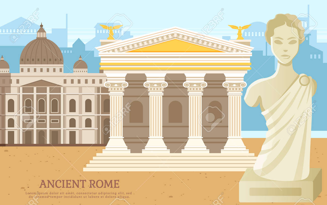 도시 광장에 있는 고대 로마 판테온 사원 기둥 건물, 골동품 문화 구조 및 동상. 도시 광장에 있는 이탈리아 랜드마크 판테온 오래된  사원. 고대의 전통적인 역사적 풍경 로열티 무료 사진, 그림, 이미지 그리고