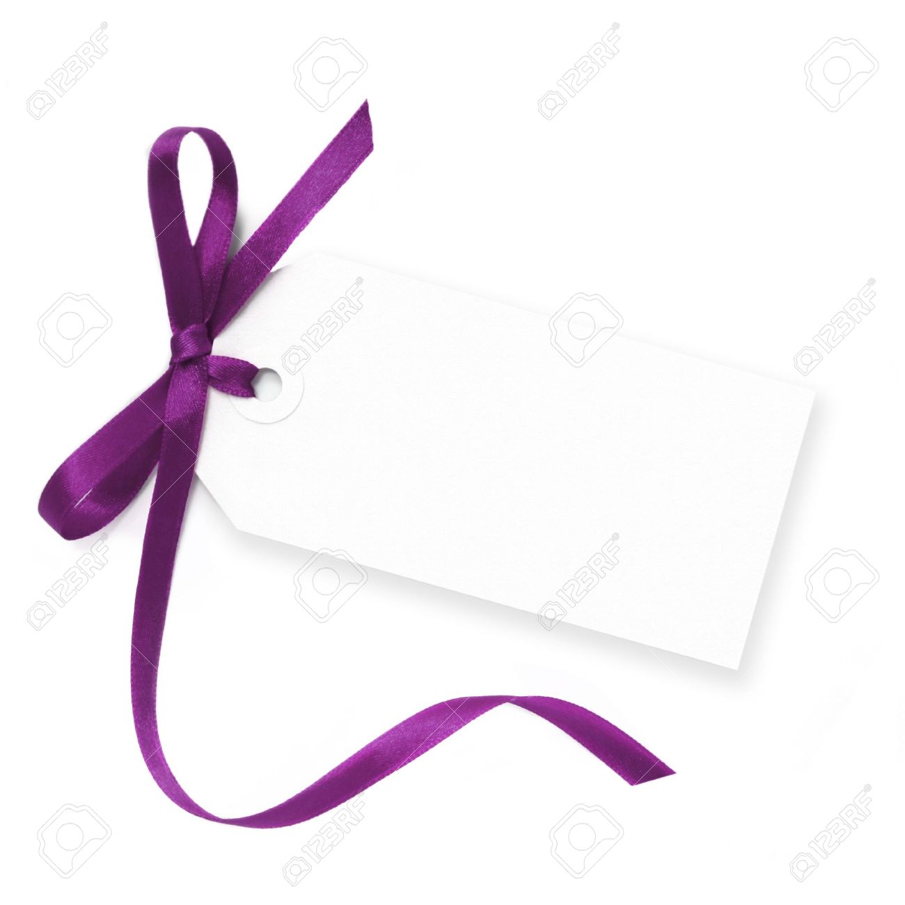 blank gift tag tied with a bow of purple satin ribbon isolated holiday gift tag clipart