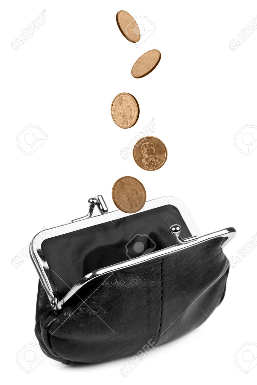 Coins Falling Into A Black Change Purse Isolated On White Stock Photo Picture And Royalty Free Image Image 1525