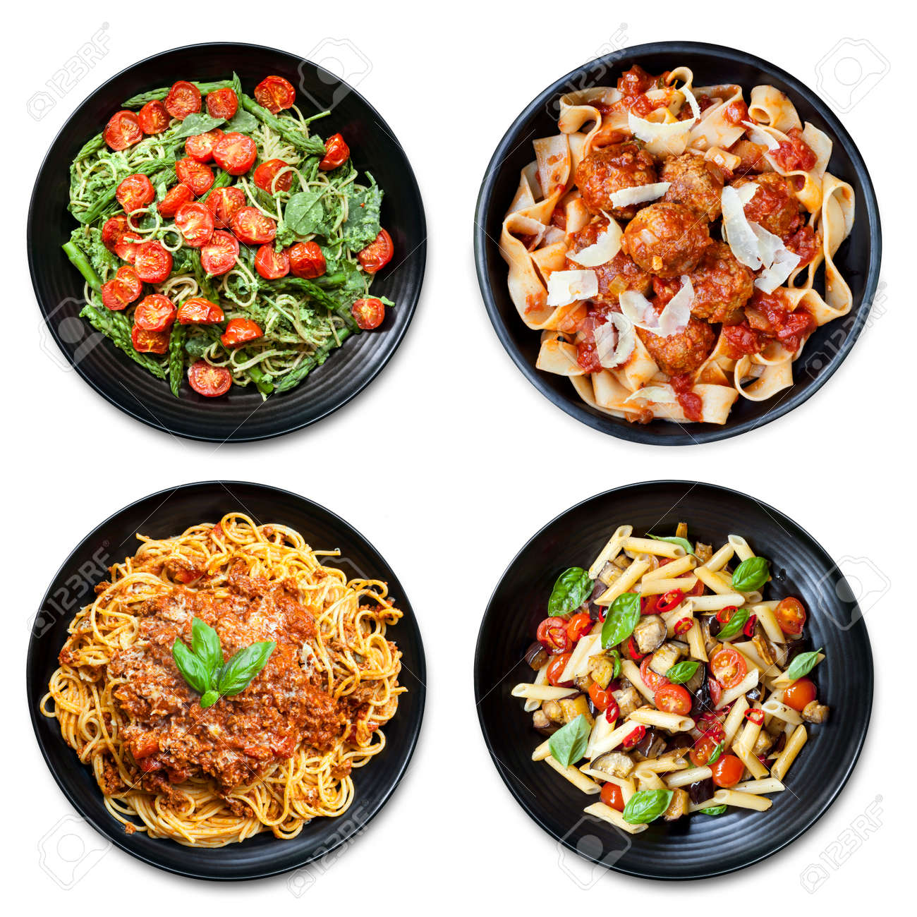 Pasta collage of meals on black plate, isolated on white. Overhead view. Includes spaghetti, fettucine, penne and ribbon. - 51812095 Pasta collage of meals on black plate, isolated on white. Overhead view. Includes spaghetti, fettucine, penne and ribbon. - 51812095