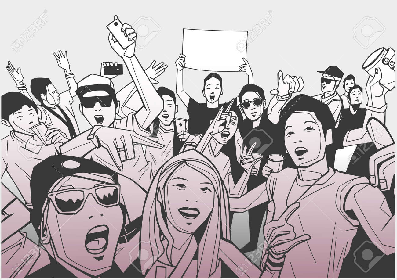 コンサートで発狂祭りの群衆の図のイラスト素材 ベクタ Image