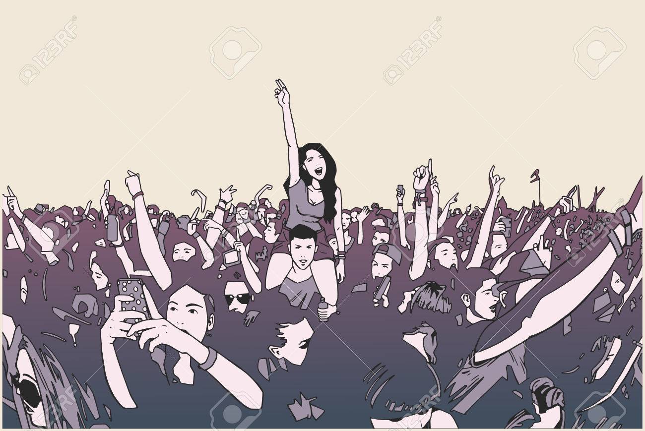 色でのコンサートで発狂祭りの群衆の図のイラスト素材 ベクタ Image
