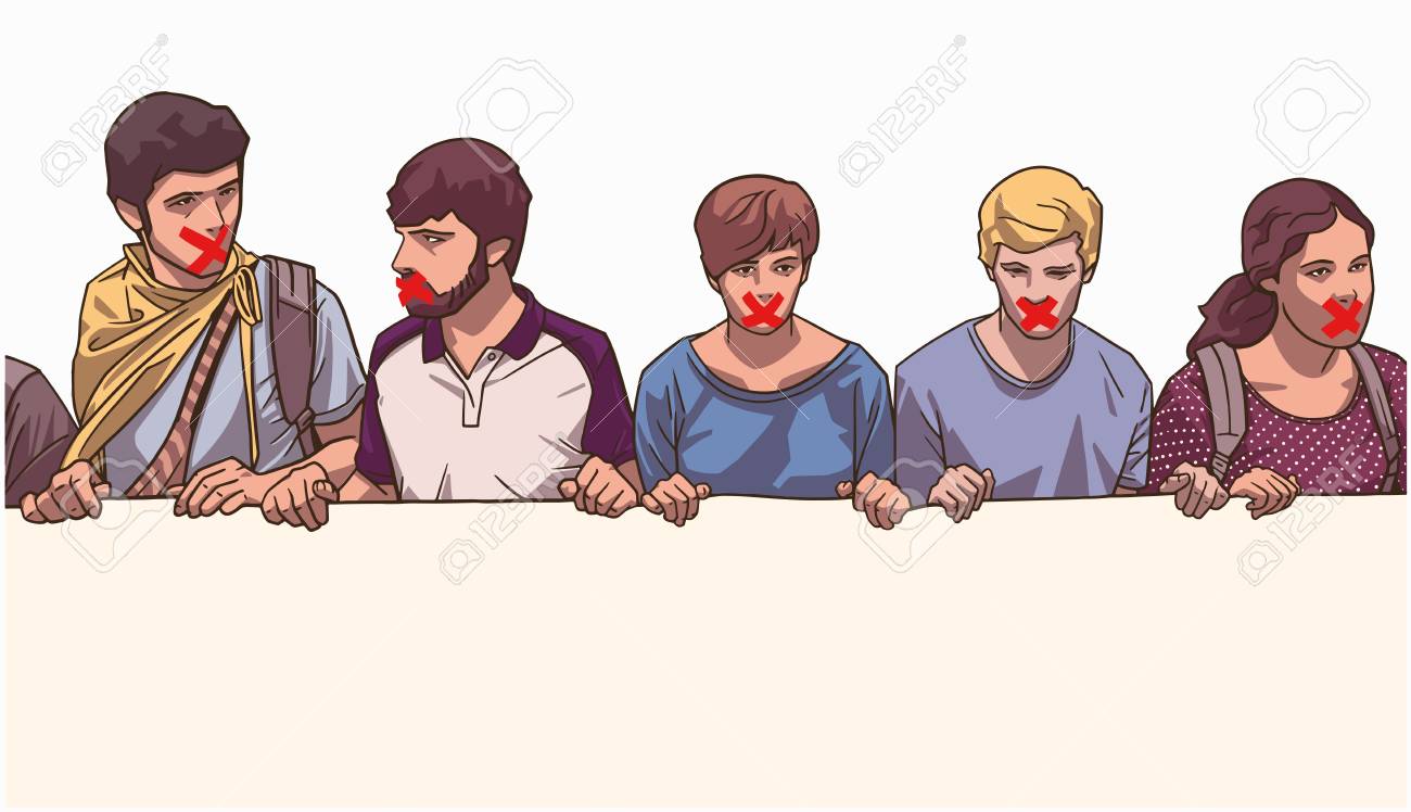 赤いテープを口に貼った大きな横断幕を持つ学生のグループのイラスト のイラスト素材 ベクタ Image