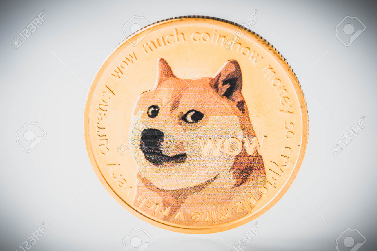 暗号通貨ドージコイン、犬と明るい背景にコイン、仮想通貨、の写真素材・画像素材 Image 190412873