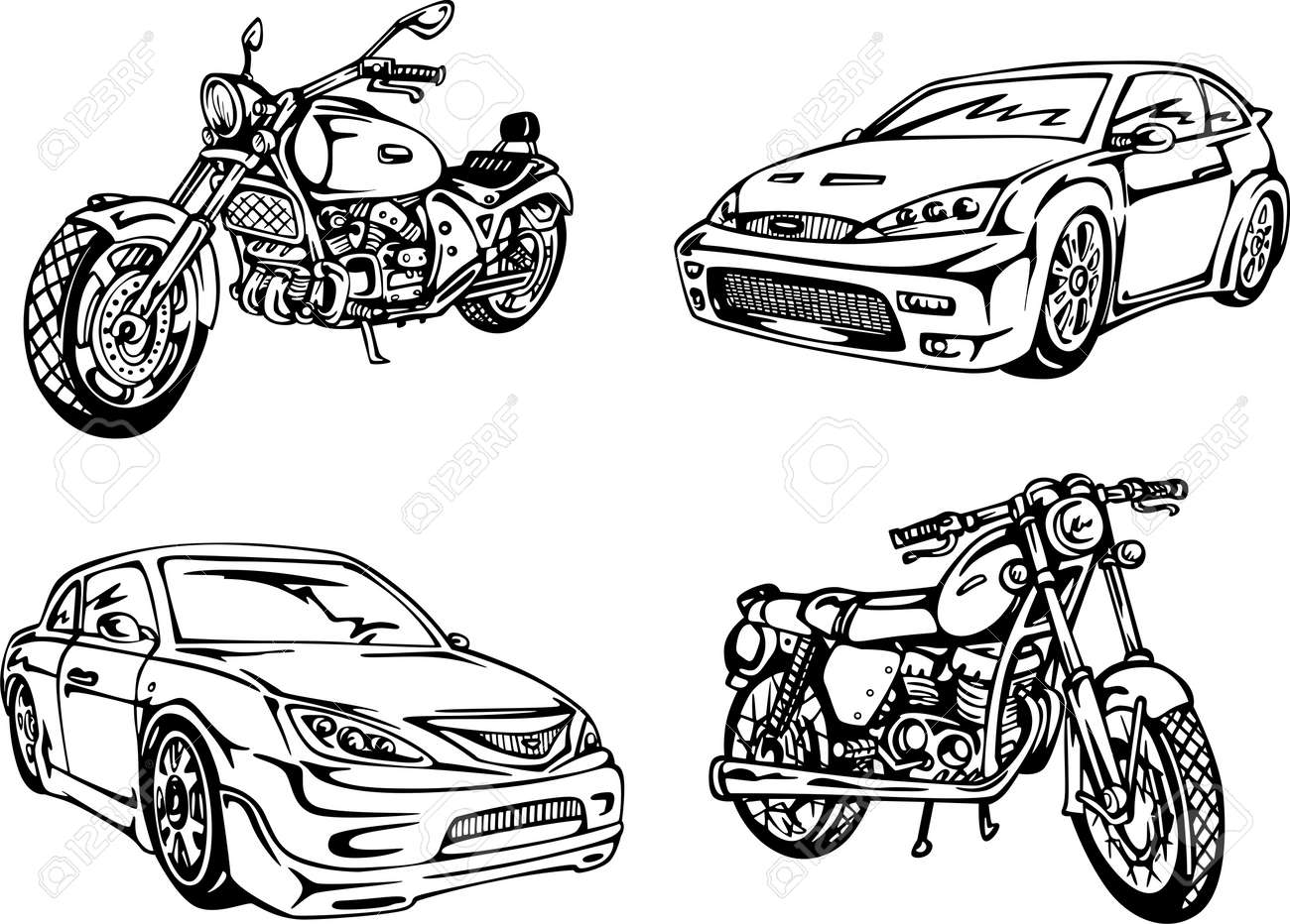 いいえ名車とオートバイ 黒と白のイラストのセット のイラスト素材 ベクタ Image