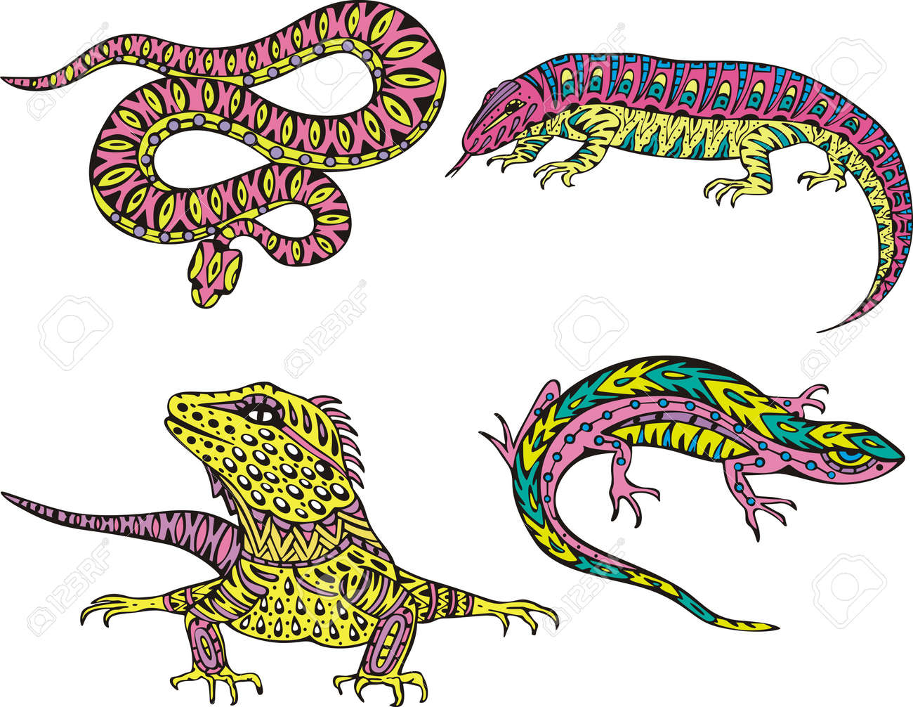stylized motley snake and lizards set of color vector illustrations