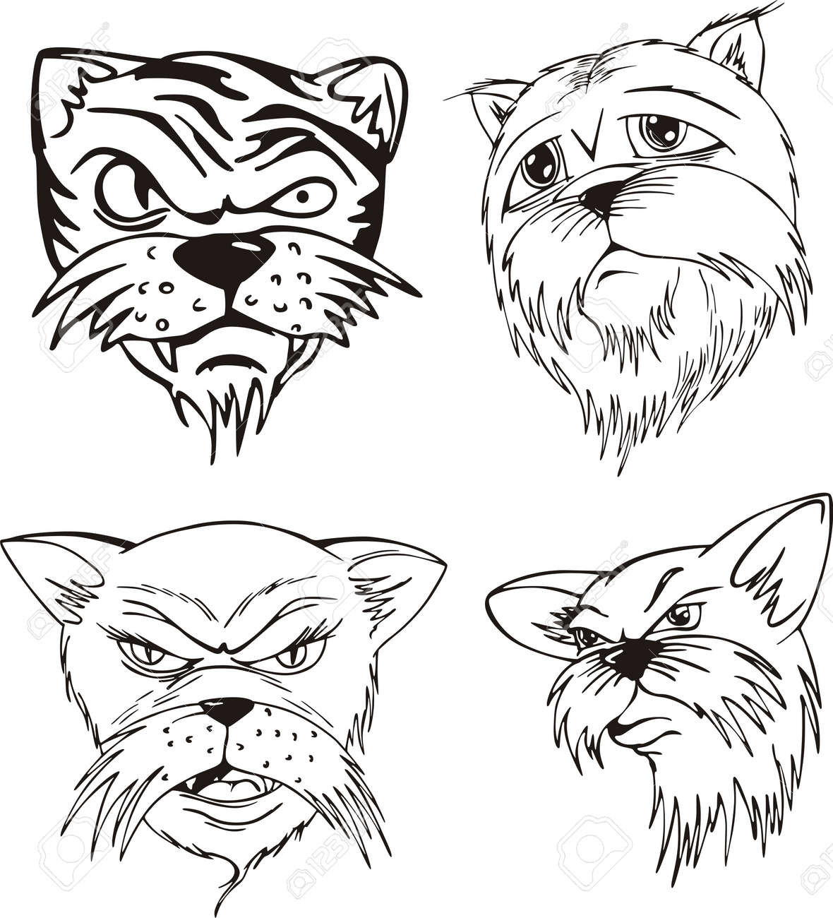 Aggressive Cat Heads Set Of Black And White Vector Tattoo Designs