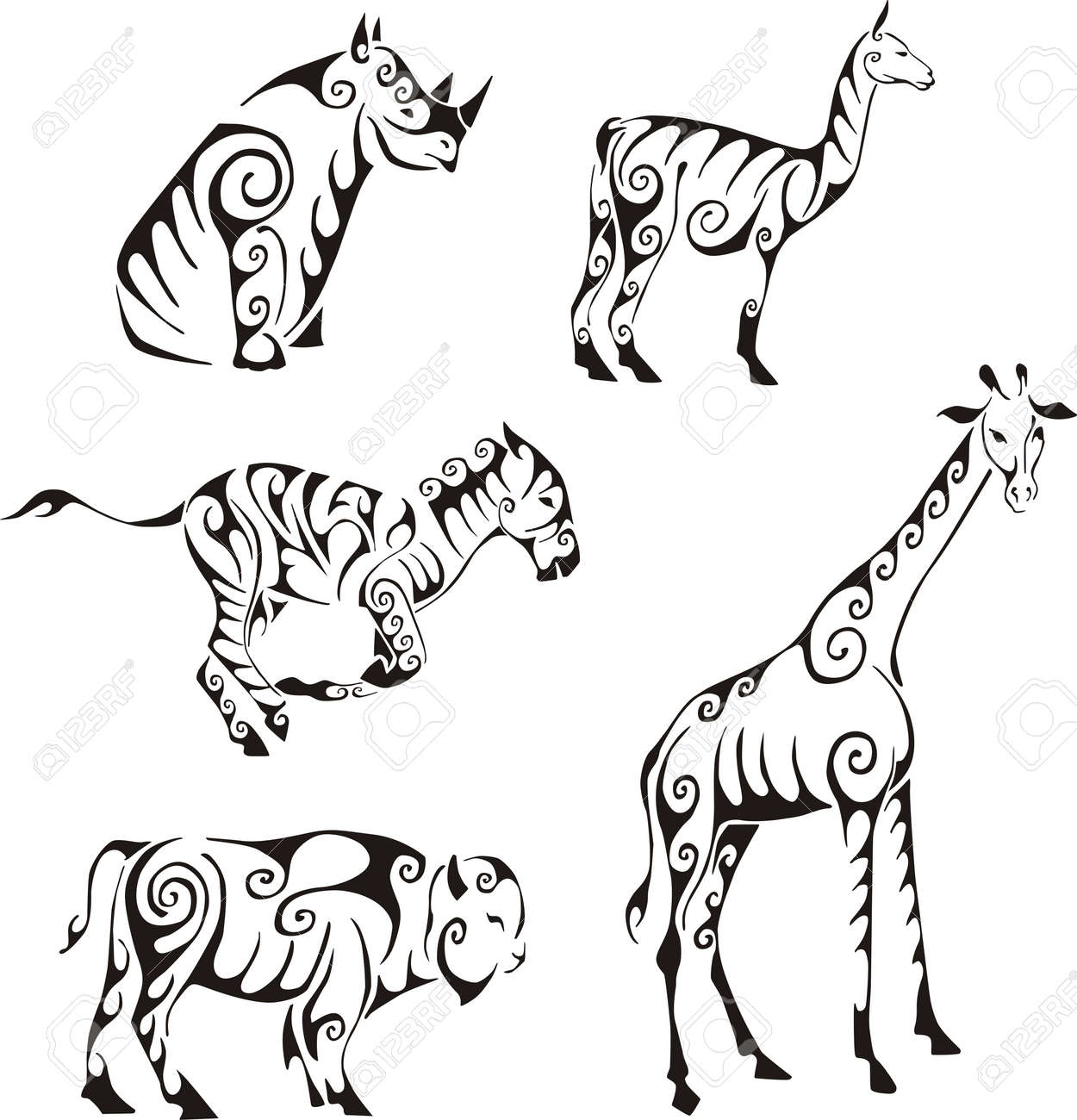 Ungulates Animals In Tribal Style Set Of Black And White Vector