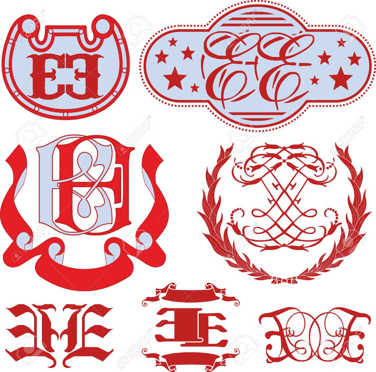 set of ee monograms and decorative emblem templates with two