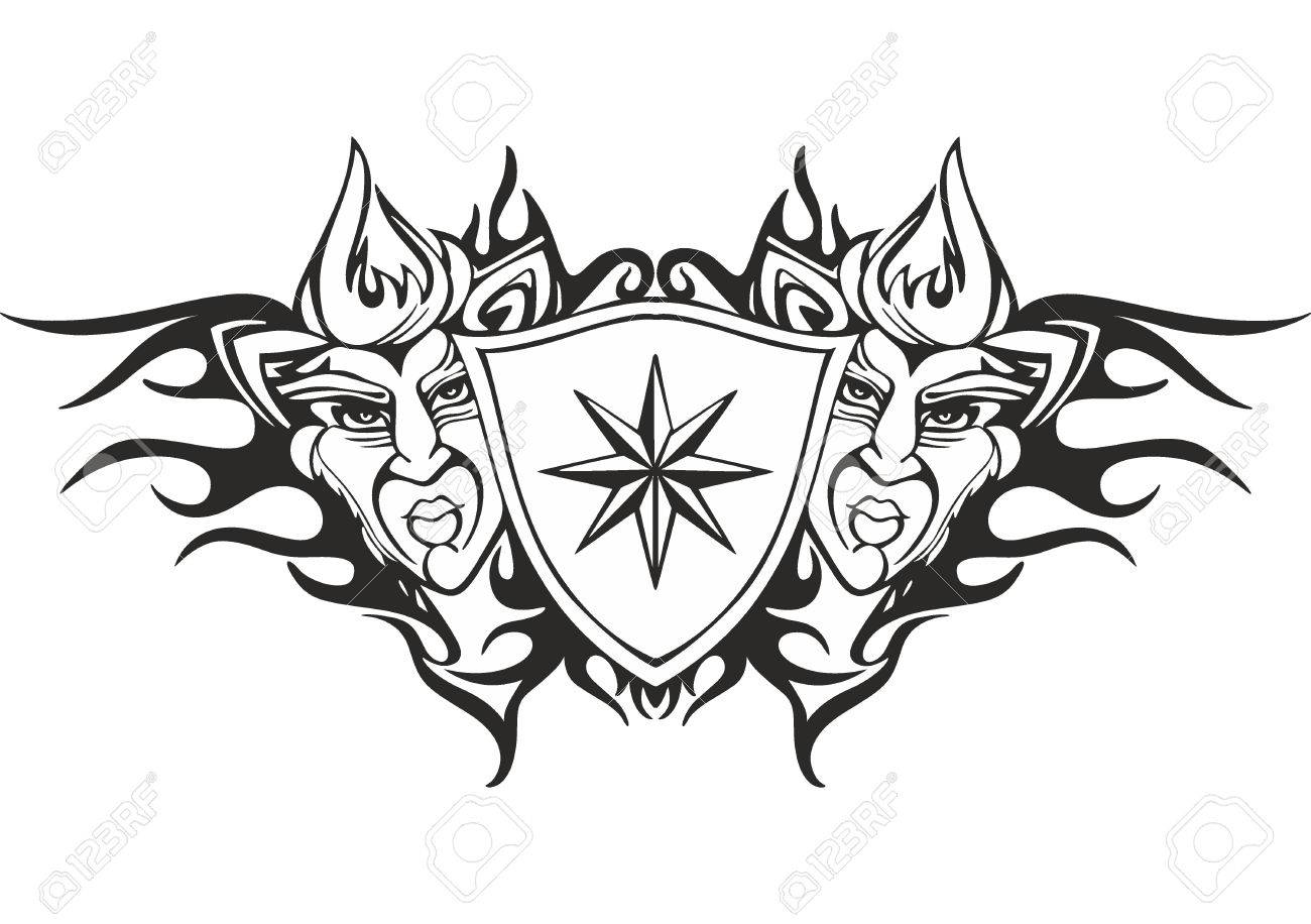 symmetric tribal flame tattoo template with a star and deity