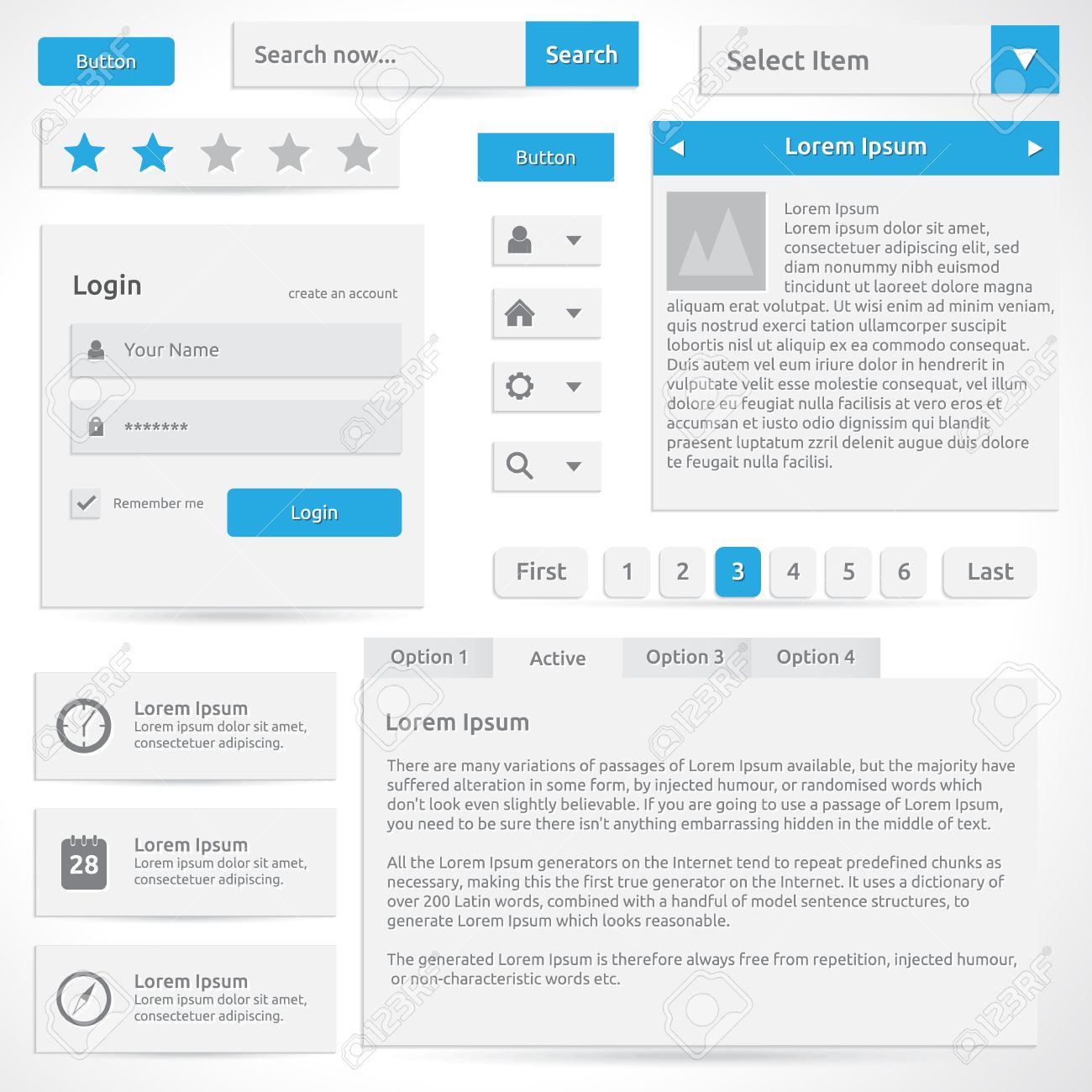 웹 요소 - 템플릿 디자인 - 블루와 실버 색상 | 아이콘 검색 버튼 등급은 상자 드롭 다운 메뉴 옵션 선택 상자 슬라이더 로그인  로열티 무료 사진, 그림, 이미지 그리고 스톡포토그래피. Image 29519508
