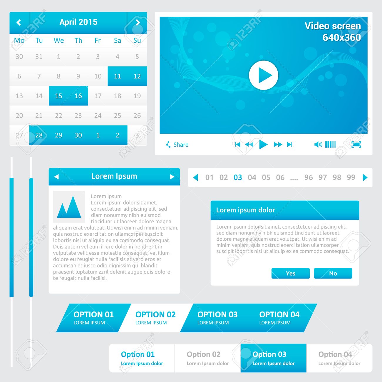 ウェブサイトの要素 Web ページ 青と白の色 カレンダー 改ページ ビデオ プレーヤー 水平方向のメニューのデザイン テンプレート ダイアログ ボックスで スクロール バー のイラスト素材 ベクタ Image