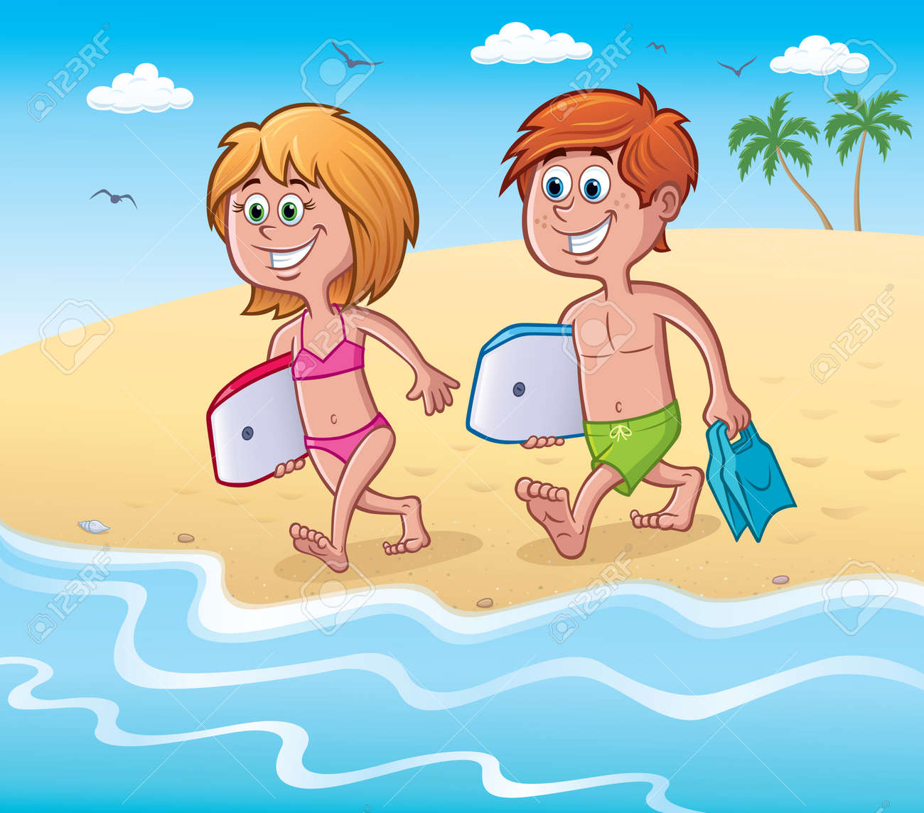 Cartoon Of A Smiling Girl And Boy With Bodyboards At The Beach And Walking  Towards The Ocean. Royalty Free SVG, Cliparts, Vectors, And Stock  Illustration. Image 126099128.